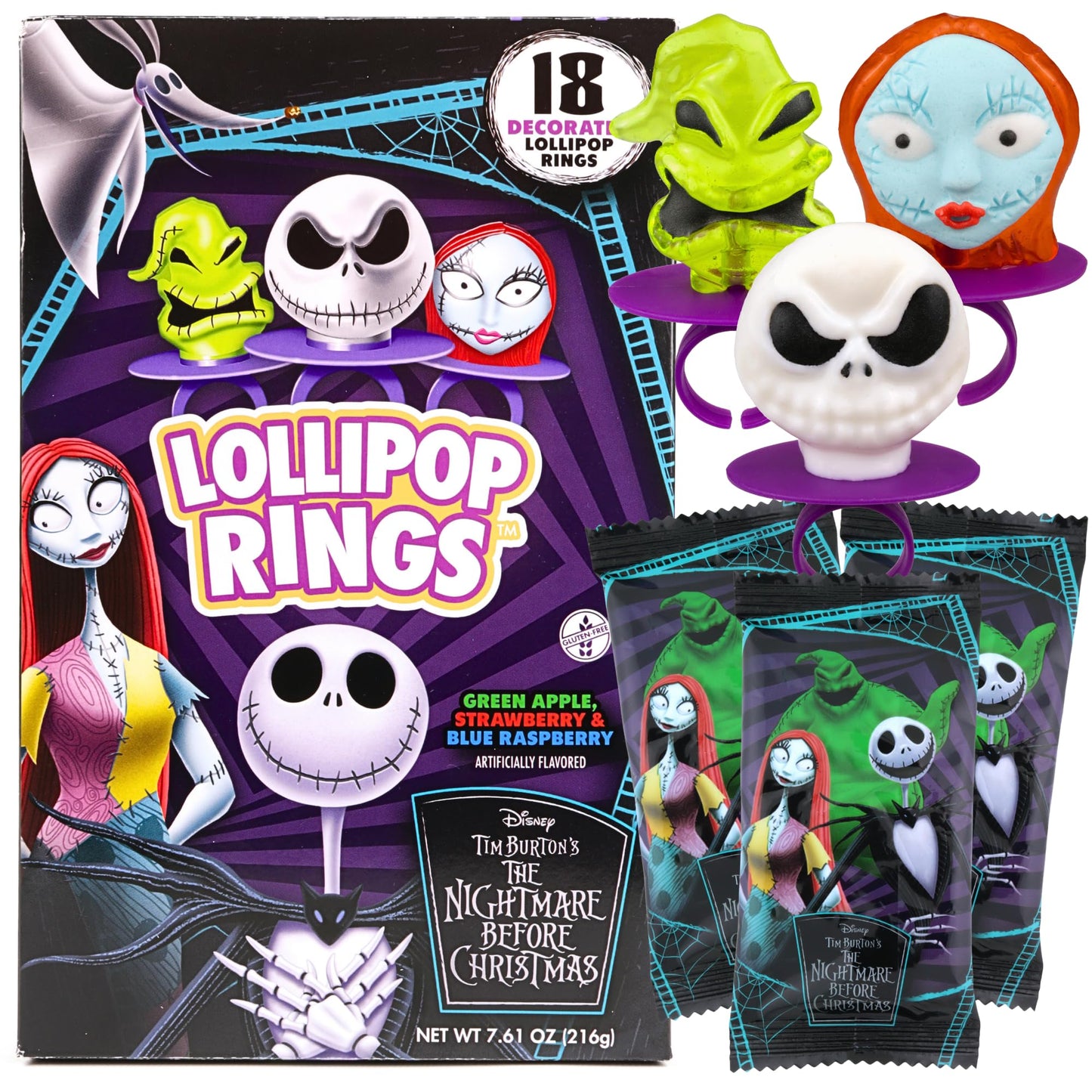 The Nightmare Before Christmas Lollipop Rings  Individually Wrapped Decorated Suckers  Halloween 2025 Candy  18 Count
