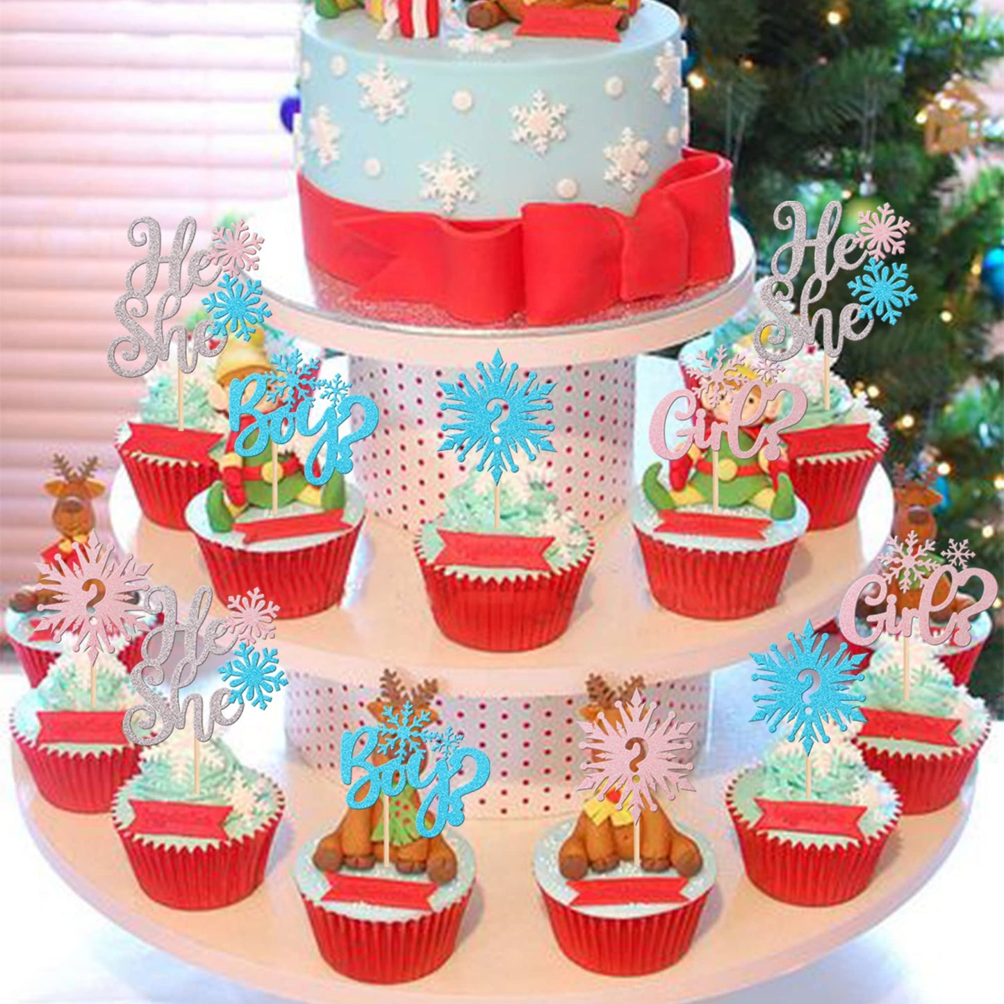 24 Pcs Snowflake Boy Or Girl Cupcake Toppers Glitter He Or She Snoweflake Cupcake Picks Gender Reveal Cake Decorations For Winte