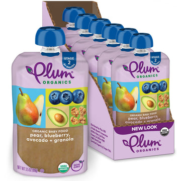 Plum Organics Stage 2 Organic Baby Food - Pear, Blueberry, Avocado, and Granola - 3.5 oz Pouch (Pack of 6) - Organic Fruit and V