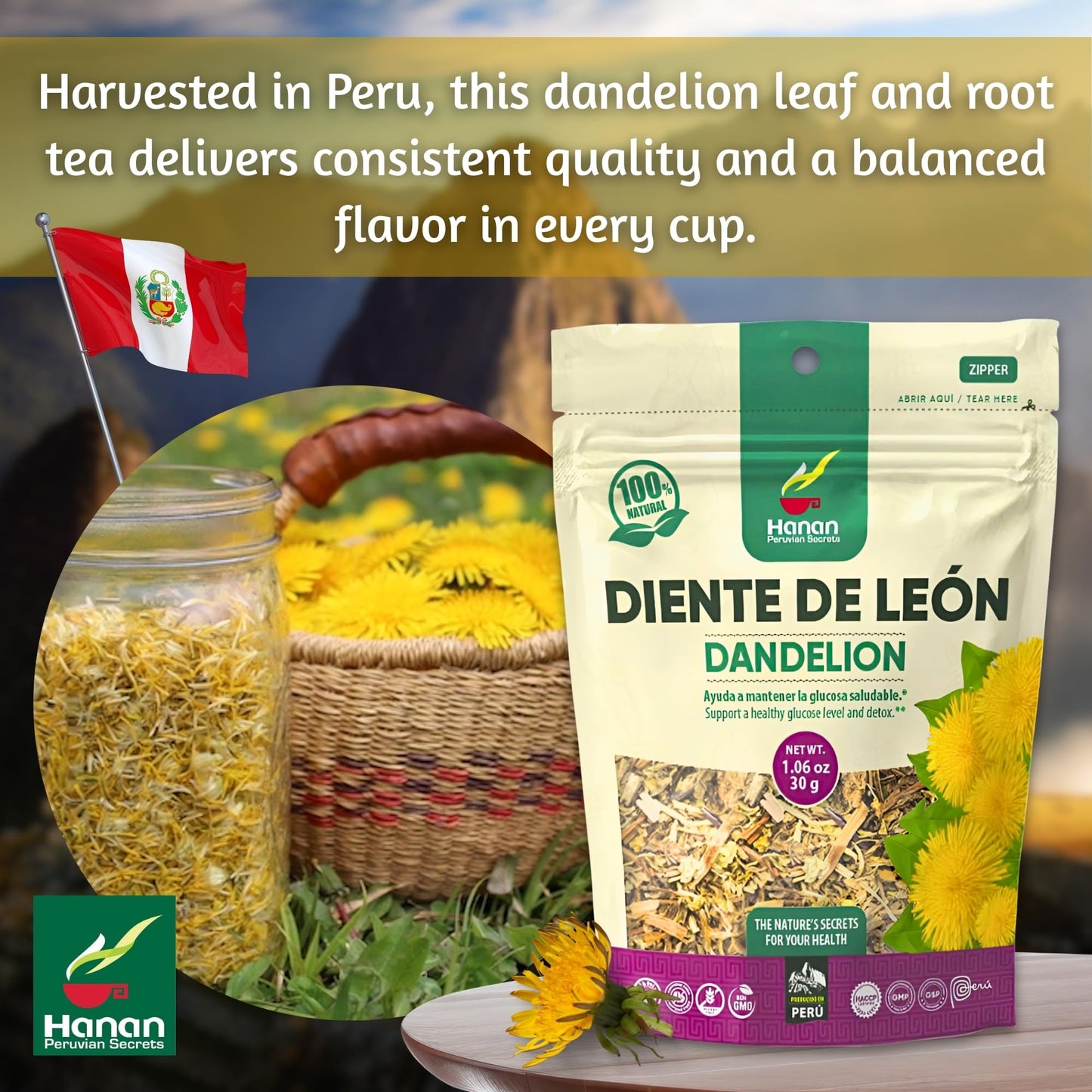 Hanan Dandelion Loose Leaf Herbal Tea - 1.1 oz (30 g) Dandelion Leaves from Peru