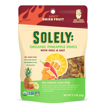 SOLELY - Organic Dried Pineapple, Chili, & Salt Rings (2.2 oz Resealable Bag) - Real Fresh Fruit - 3 Ingredients - Healthy Snack