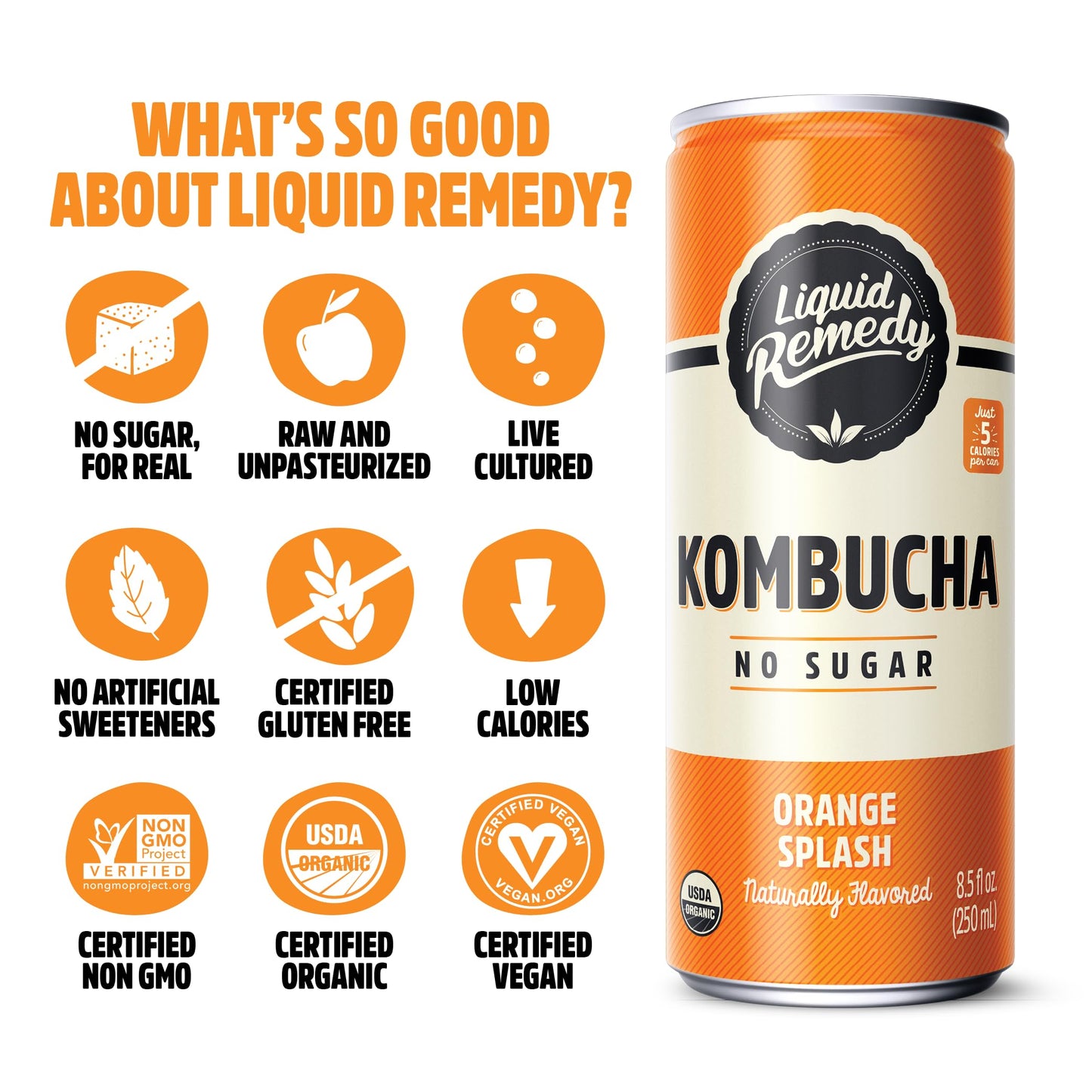 Liquid Remedy Kombucha Sugar Free Organic Drink, Low Calorie, Probiotic Like Tea for Gut Health - Orange Splash - 8.5 Fl Oz Can,