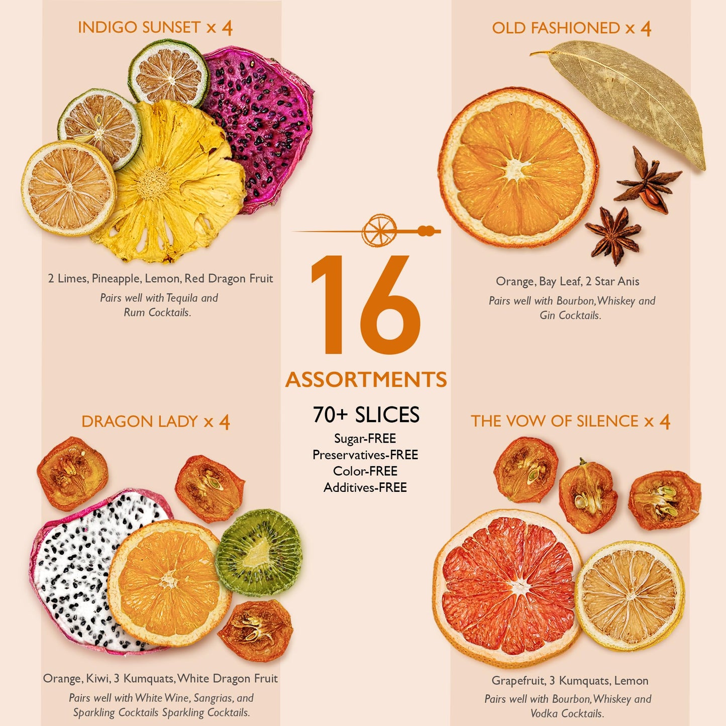 Millin Cocktail Garnish Gift Set - 100% Natural Dehydrated Fruits, 70 Slices + 8 Picks, Large Size, Copper Color