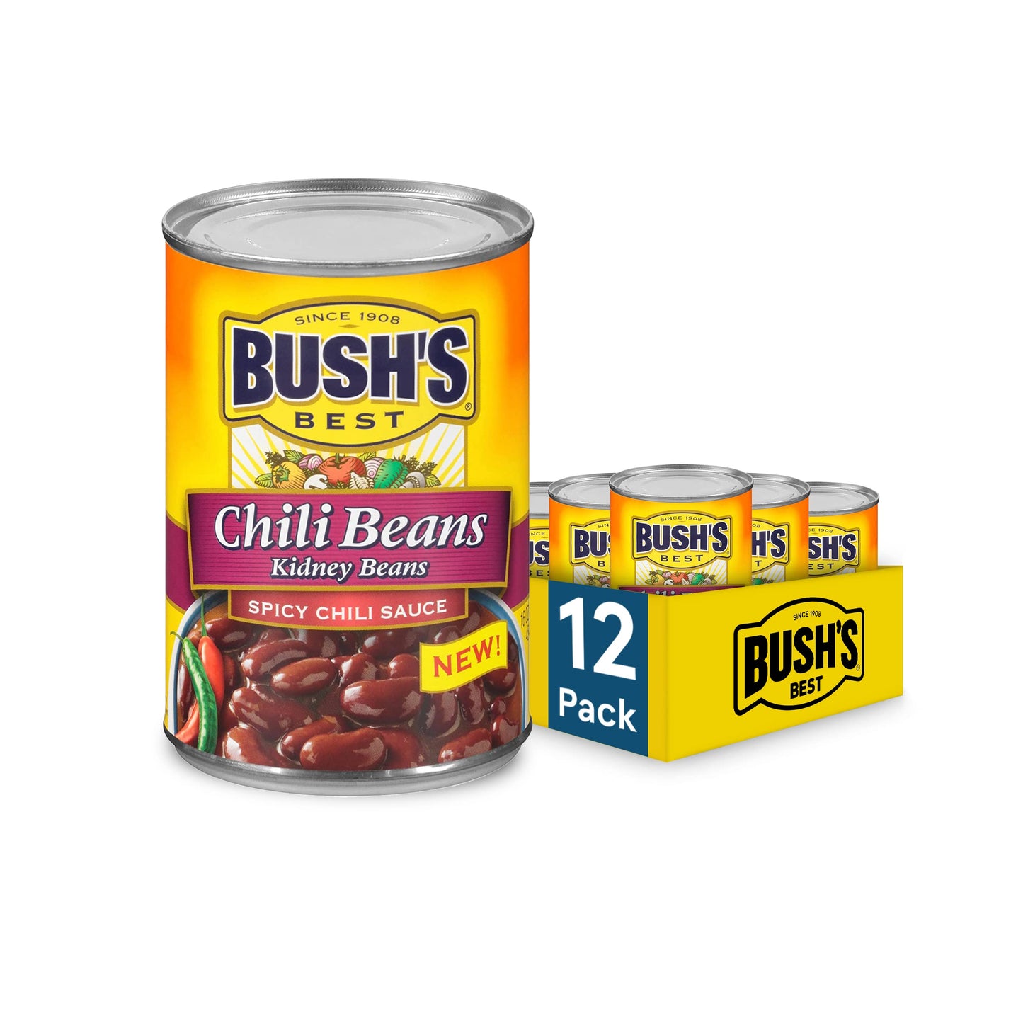 Bush'S Best 16 Oz Canned Spicy Dark Red Chili Beans, Source Of Plant Based Protein And Fiber, (Pack Of 12)