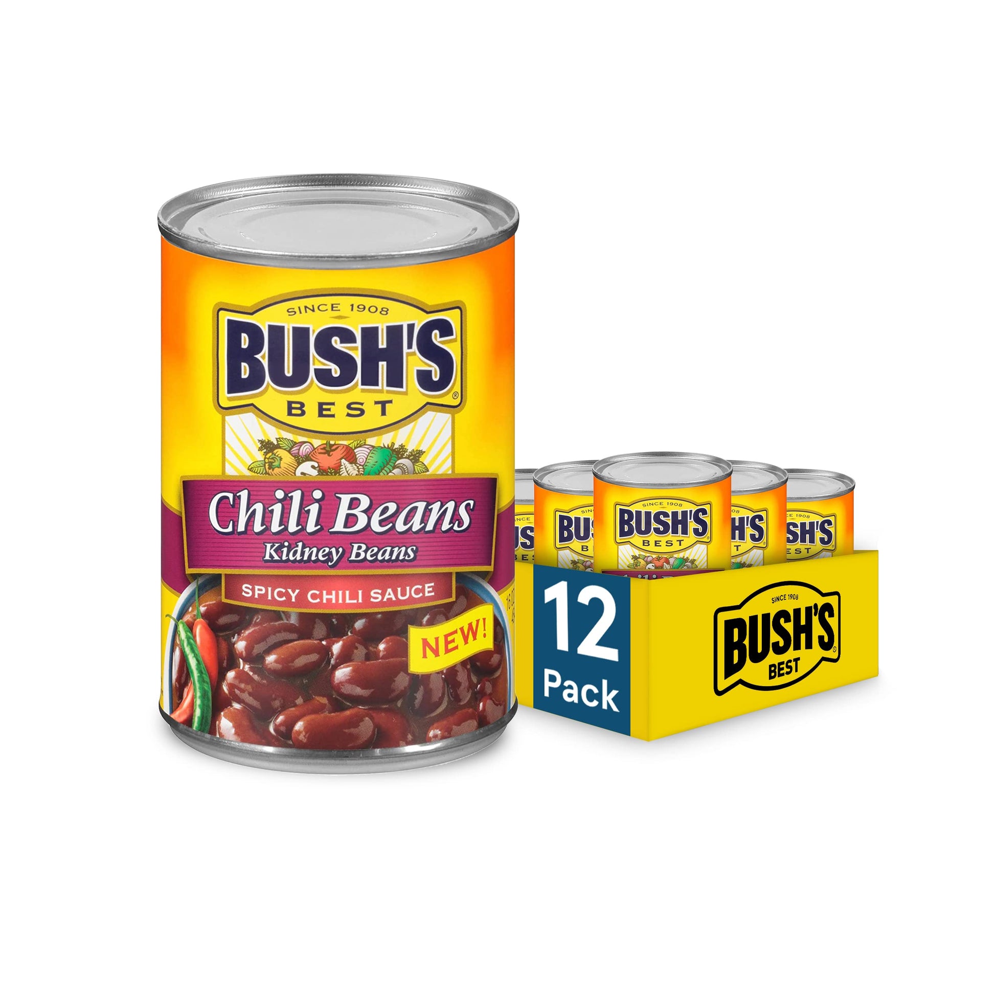 Bush'S Best 16 Oz Canned Spicy Dark Red Chili Beans, Source Of Plant Based Protein And Fiber, (Pack Of 12)