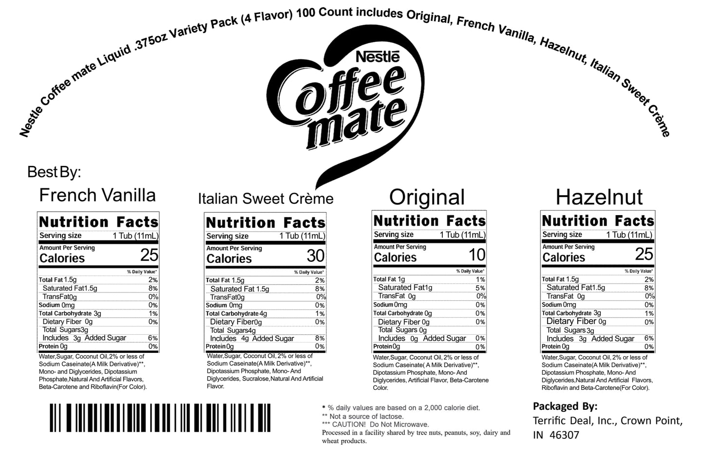 Nestle Coffee Mate Liquid .375Oz Variety Pack (4 Flavor) 100 Count Includes Original, French Vanilla, Hazelnut, Italian Sweet Cr