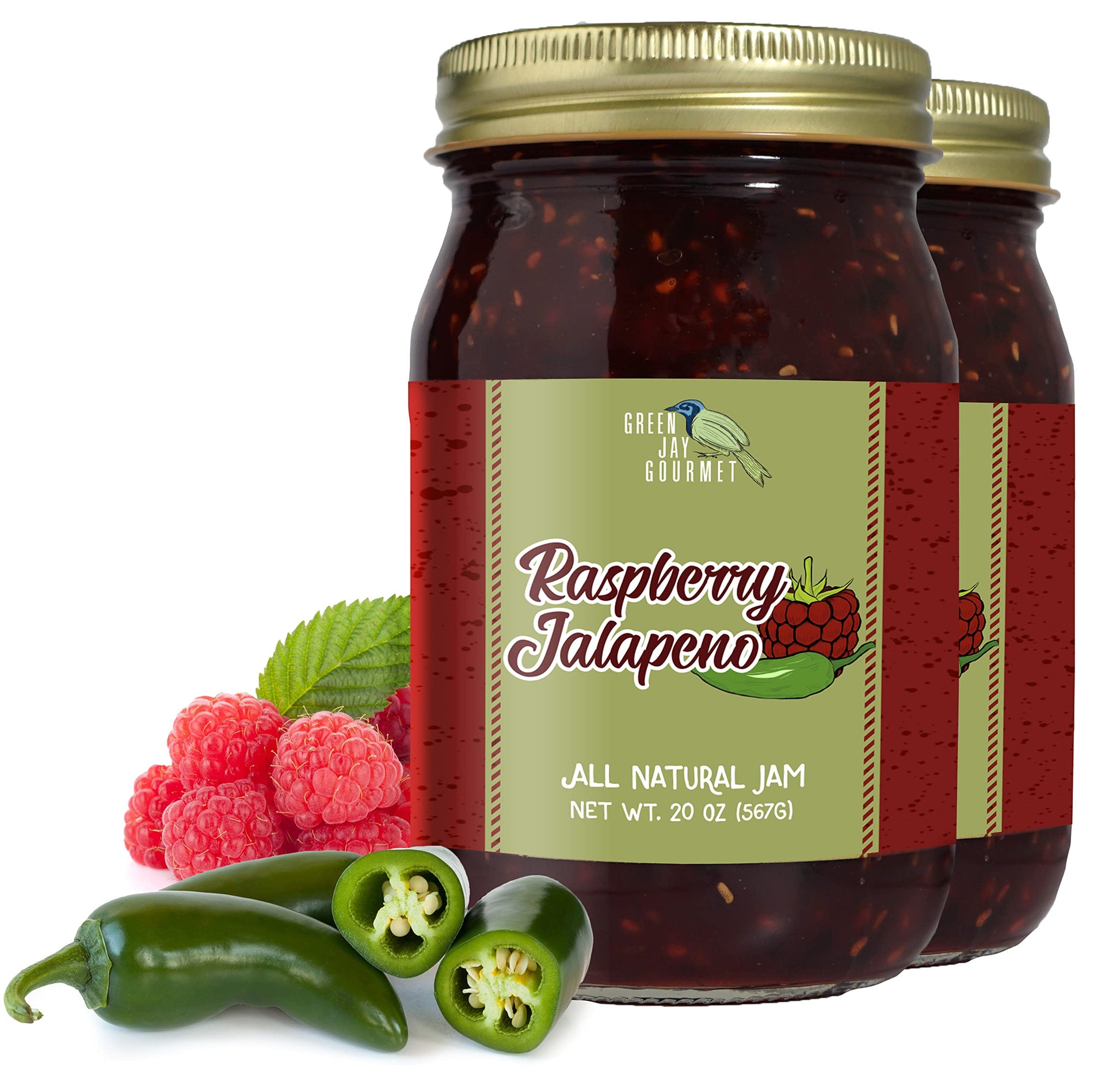 Green Jay Gourmet Raspberry Jalapeno Jam, All-Natural, Vegan, Gluten-Free, 2 x 20 Ounces