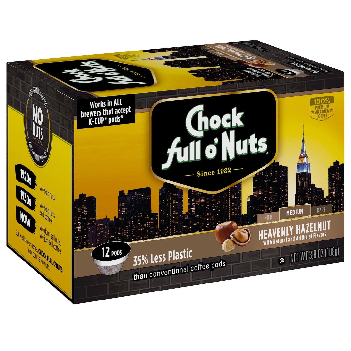 Chock Full o Nuts Heavenly Hazelnut Coffee Pods, Medium Roast, 12 Count, K-Cup Compatible, Eco-Friendly
