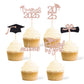 Gexolenu 36 pcs Class of 2025 Graduation Cupcake Toppers, Rose Gold Glitter Double-Sided Grad Cap Cake Toppers for Graduation Pa