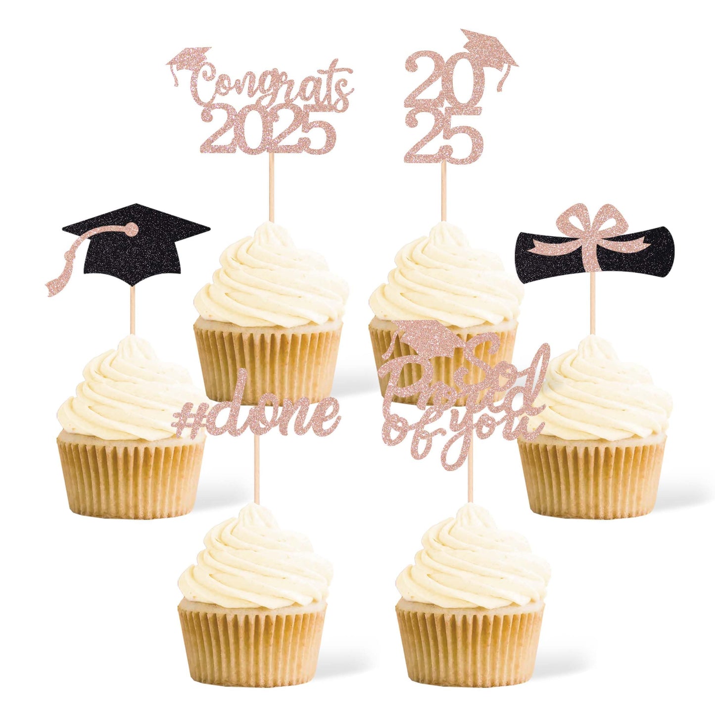 Gexolenu 36 pcs Class of 2025 Graduation Cupcake Toppers, Rose Gold Glitter Double-Sided Grad Cap Cake Toppers for Graduation Pa