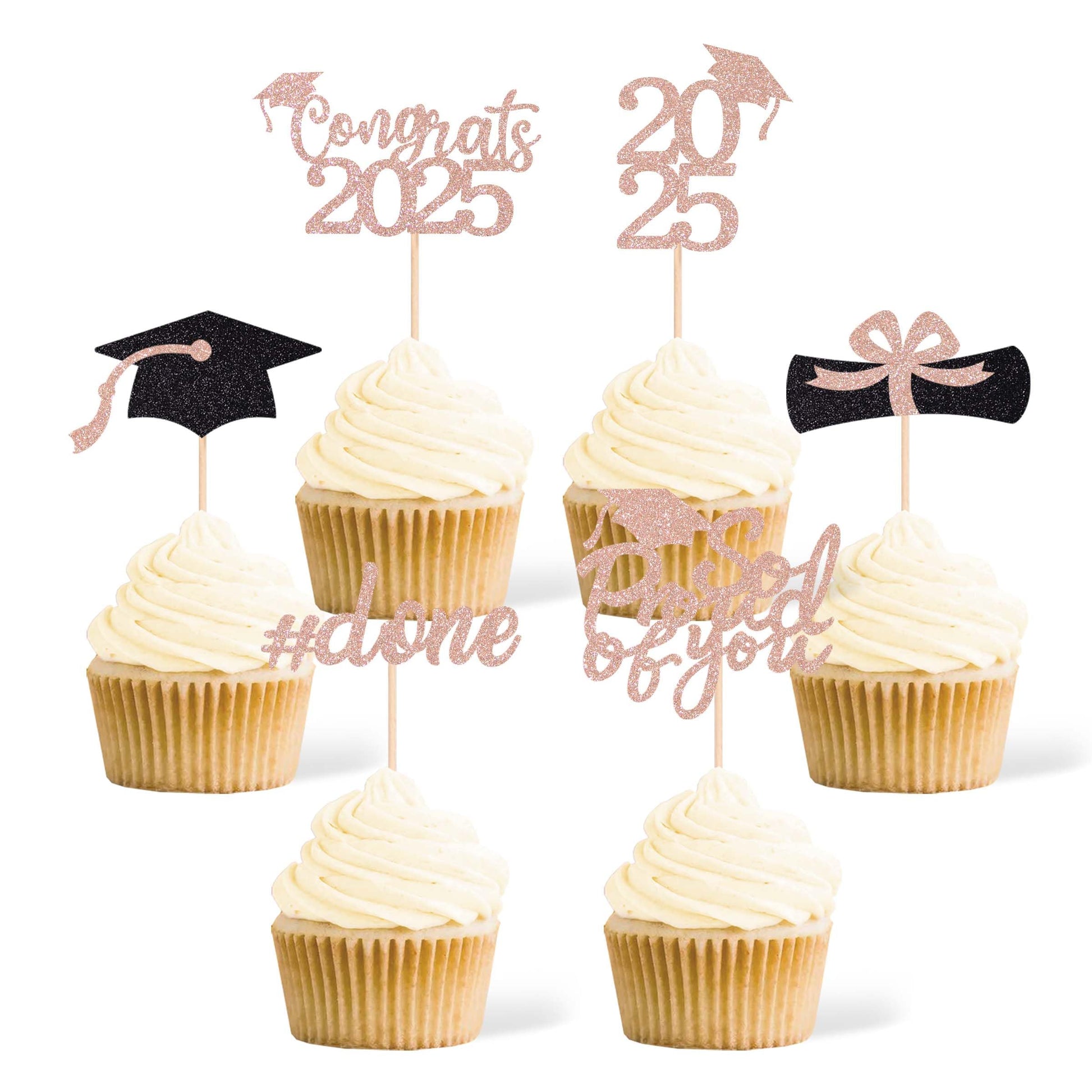 Gexolenu 36 pcs Class of 2025 Graduation Cupcake Toppers, Rose Gold Glitter Double-Sided Grad Cap Cake Toppers for Graduation Pa