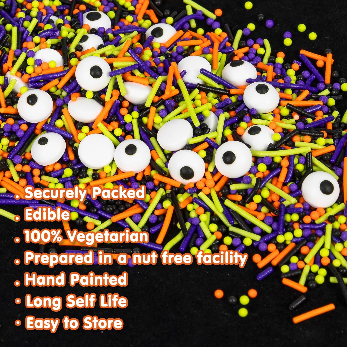 Edible Halloween Sprinkles,Black White Eyes Purple Green Orange and Black Pearls and Jimmies Mixed,130g/4.58ounce,Monster Sprink