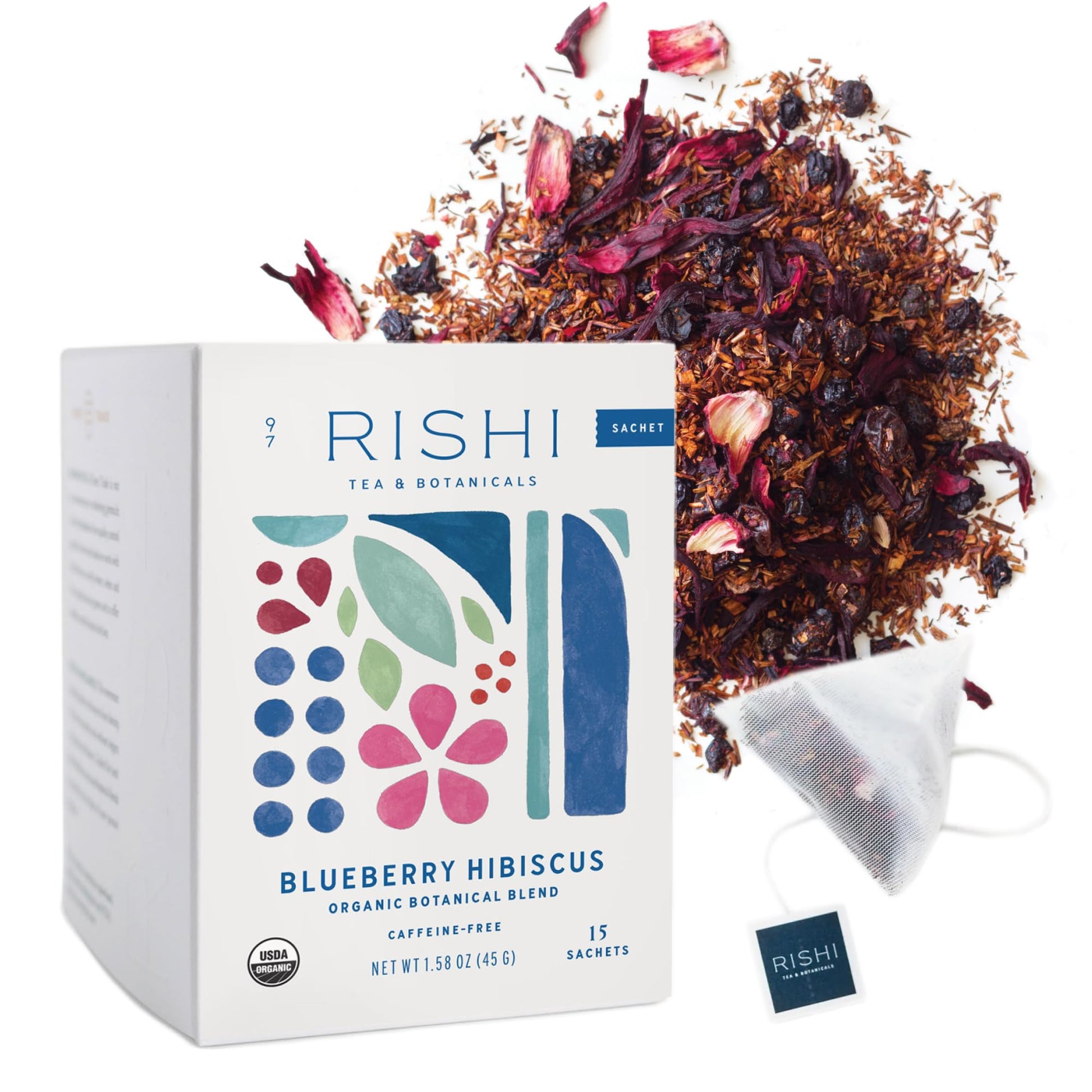 Rishi Tea Blueberry Hibiscus Herbal Tea Sachets, Caffeine Free, 15 Count