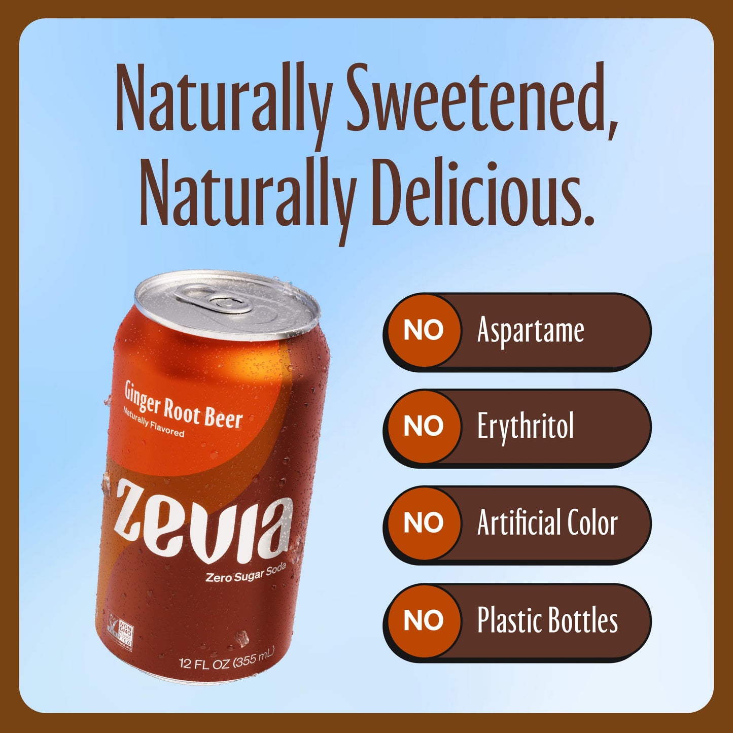 Zevia Zero Sugar Soda, Ginger Root malt-inspired, 12 oz Cans, 8-Pack, Naturally Sweetened, Non-GMO, Gluten-Free, Vegan