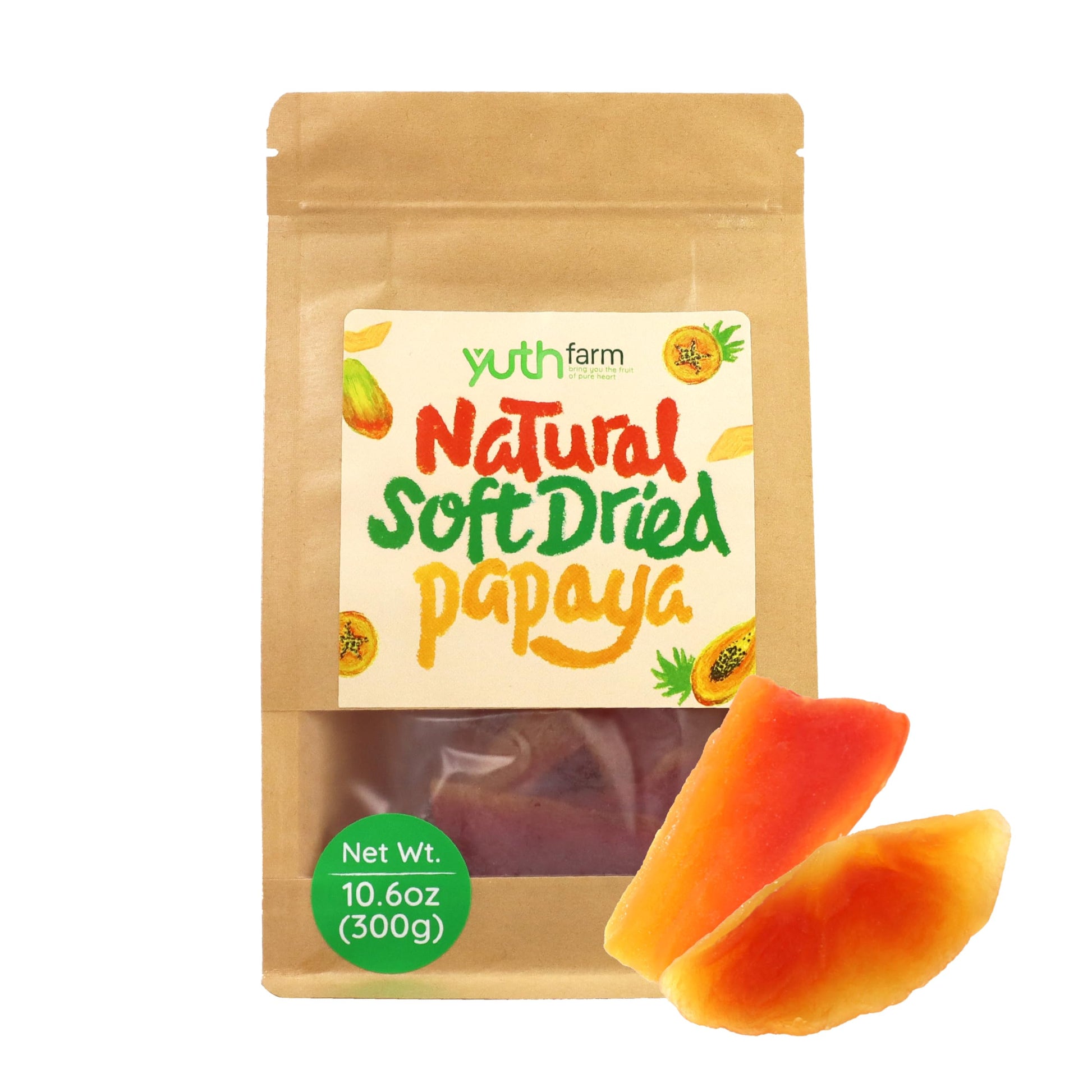 Yuth Farm Plant-Based Soft & Chewy Dried Fruit - Deliciously Healthy Snack 300g(10.6 Oz) (Papaya)