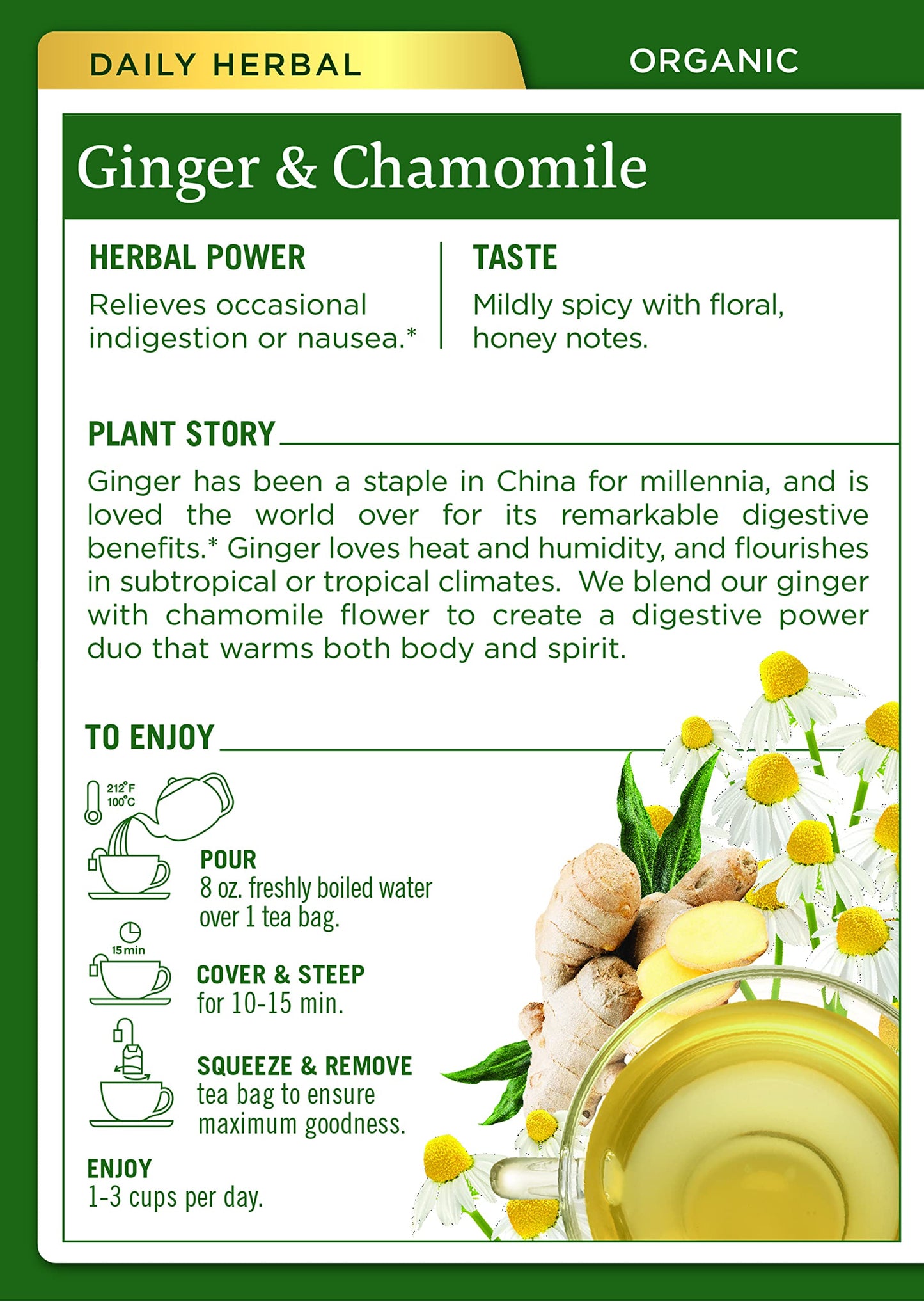 Traditional Medicinals Organic Ginger & Chamomile Herbal Tea, Relieves Occasional Indigestion or Nausea, (Pack of 1) - 16 Tea Ba