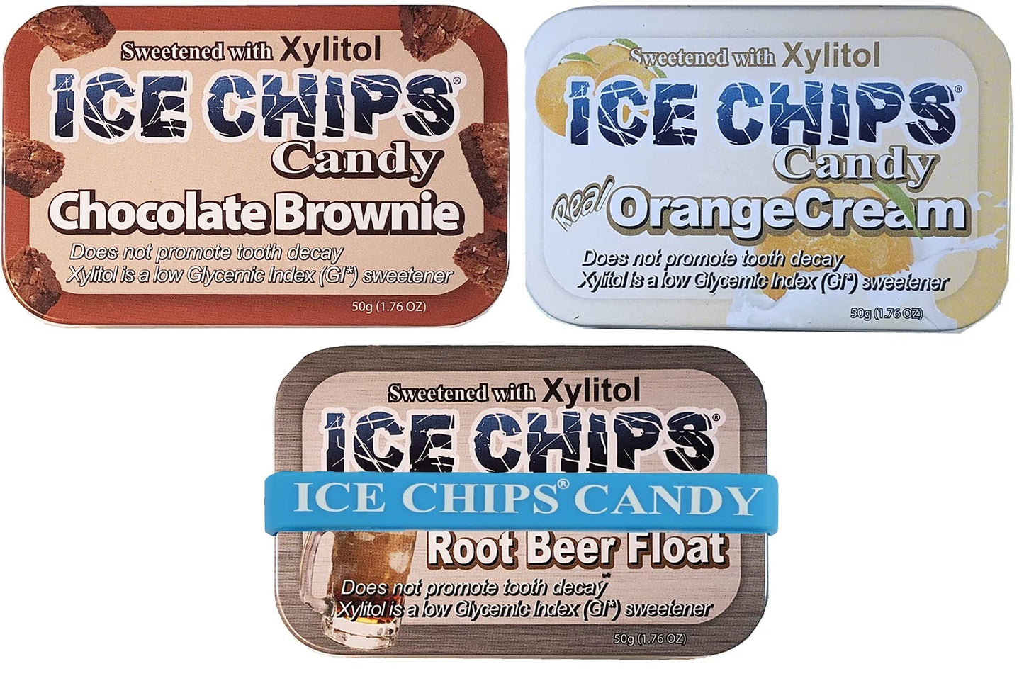 Ice Chips Candy 3 Pack Assortment (Chocolate Brownie  Orange Cream  Root Malt Drink Float)