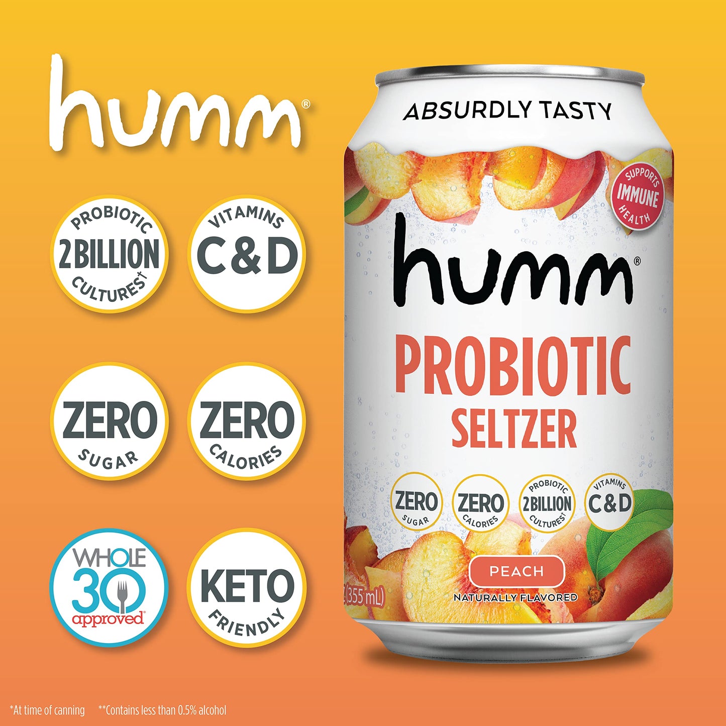 Humm Sparkling Water Variety Pack, Peach & Raspberry Lime Seltzer, Zero Sugar, Zero Calorie, Whole30 Approved Probiotic Drink, 2