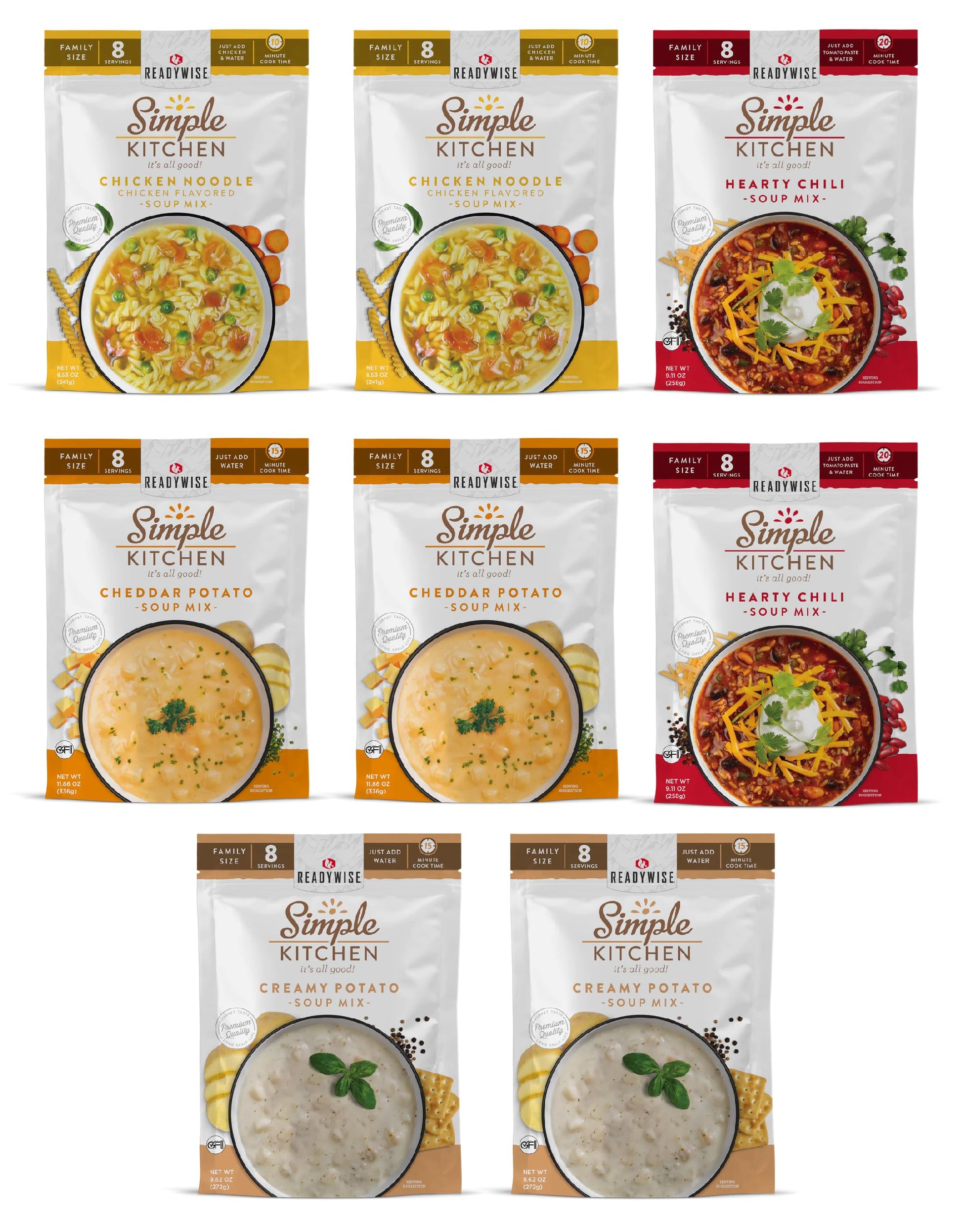 READYWISE - Simple Kitchen, Soup Favorites, Variety Pack, 8 Servings Per Pouch, Soup Mix, Family Size, MRE, Freeze Dried Food, R