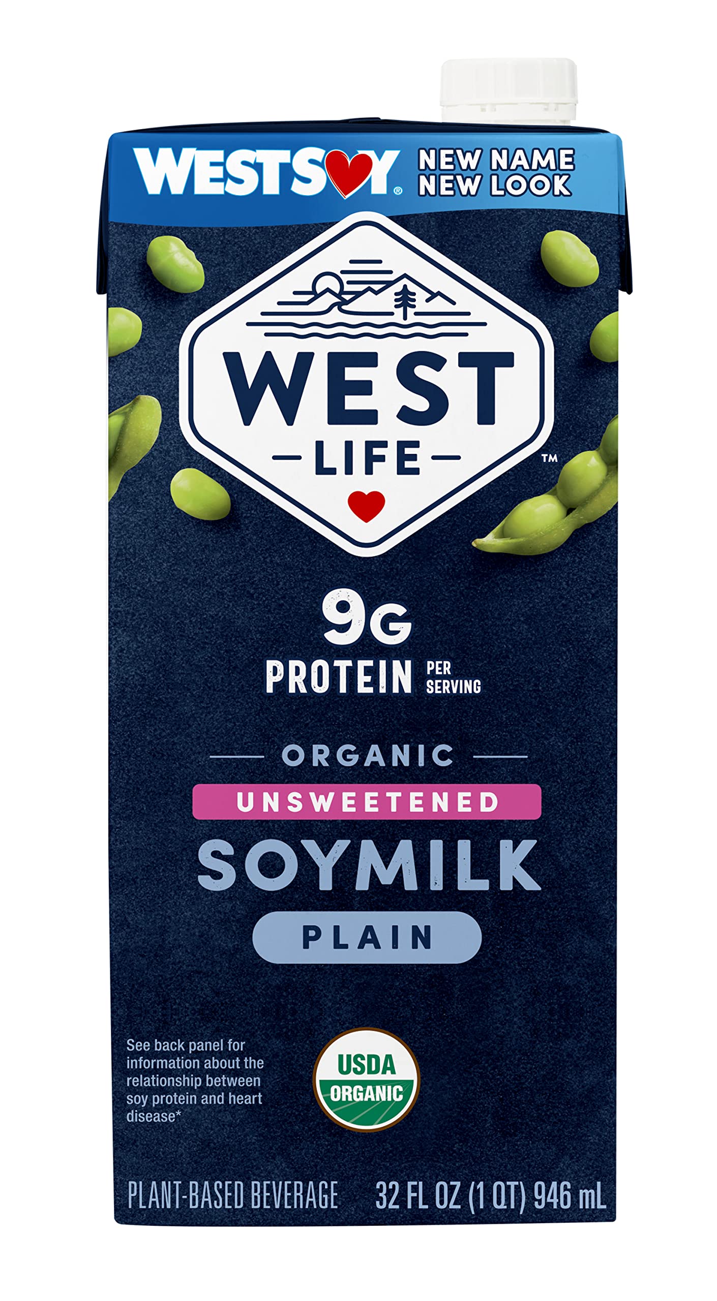 West Life Organic Soy Milk, Unsweetened Plain, Low Sugar, 9g of Protein, Vegan Dairy Alternative, Lactose-Free, Shelf Stable, 32