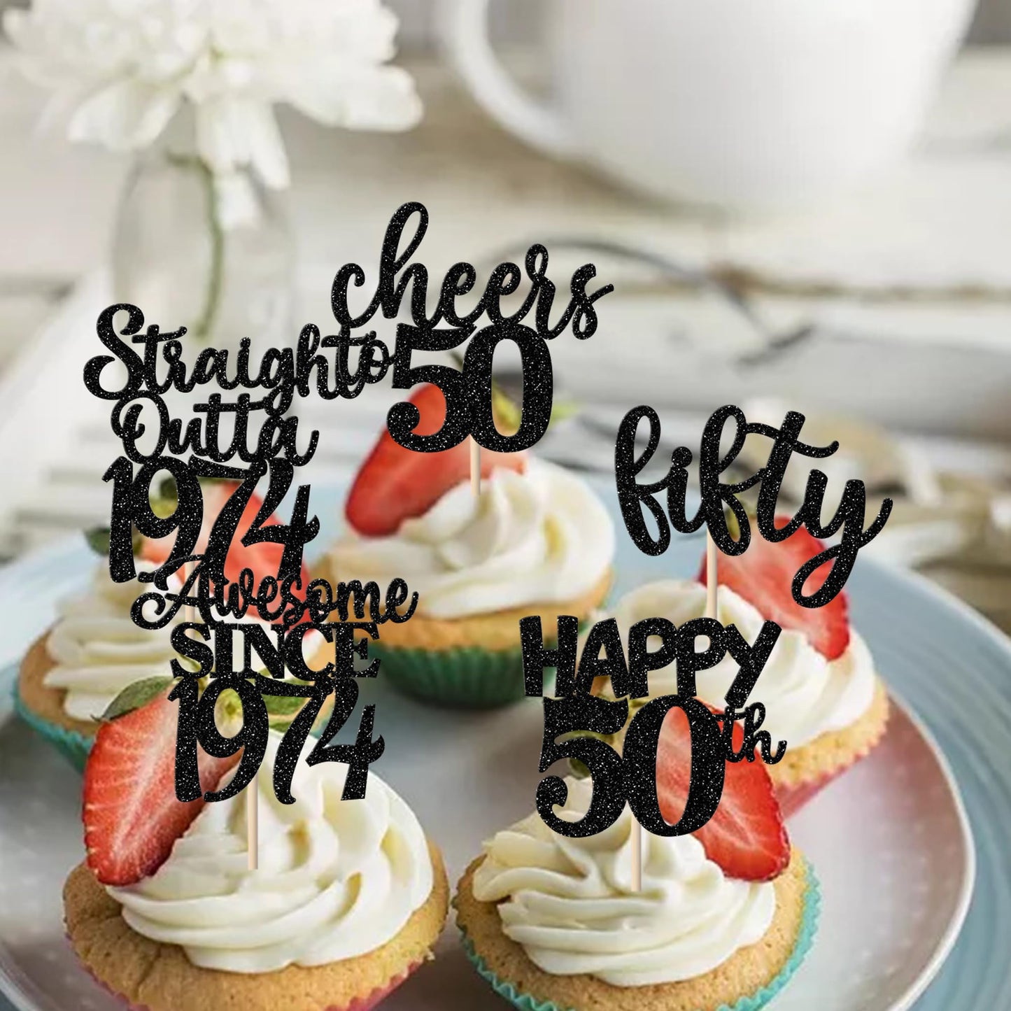 YCTHUNFISH 30 Pack 50th Birthday Cupcake Toppers Glitter Bamboo Picks Gold