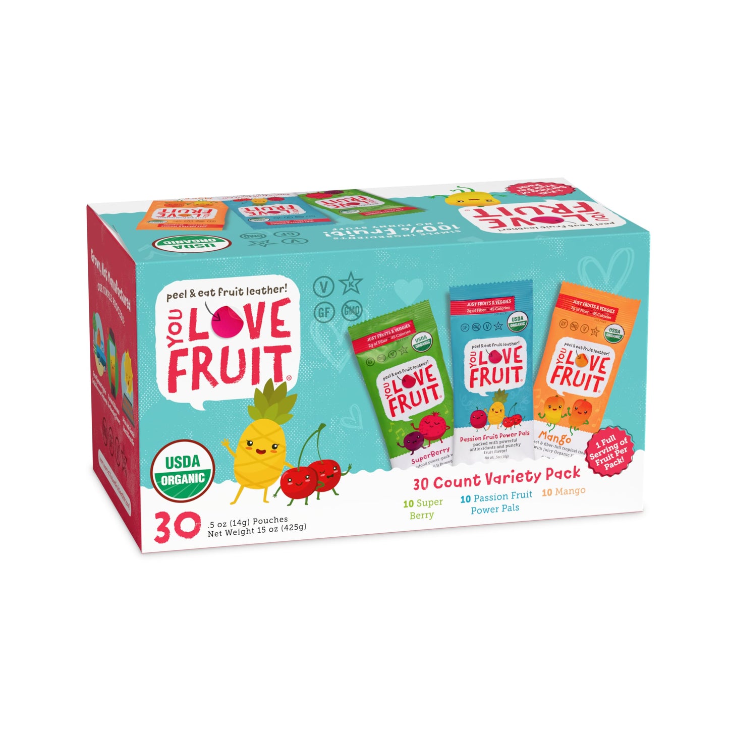 You Love Fruit Fruit Snacks Variety Pack, 30 Count, 100% Natural, Gluten-Free, Vegan, Low Carb, Healthy Snacks for Kids & Adults