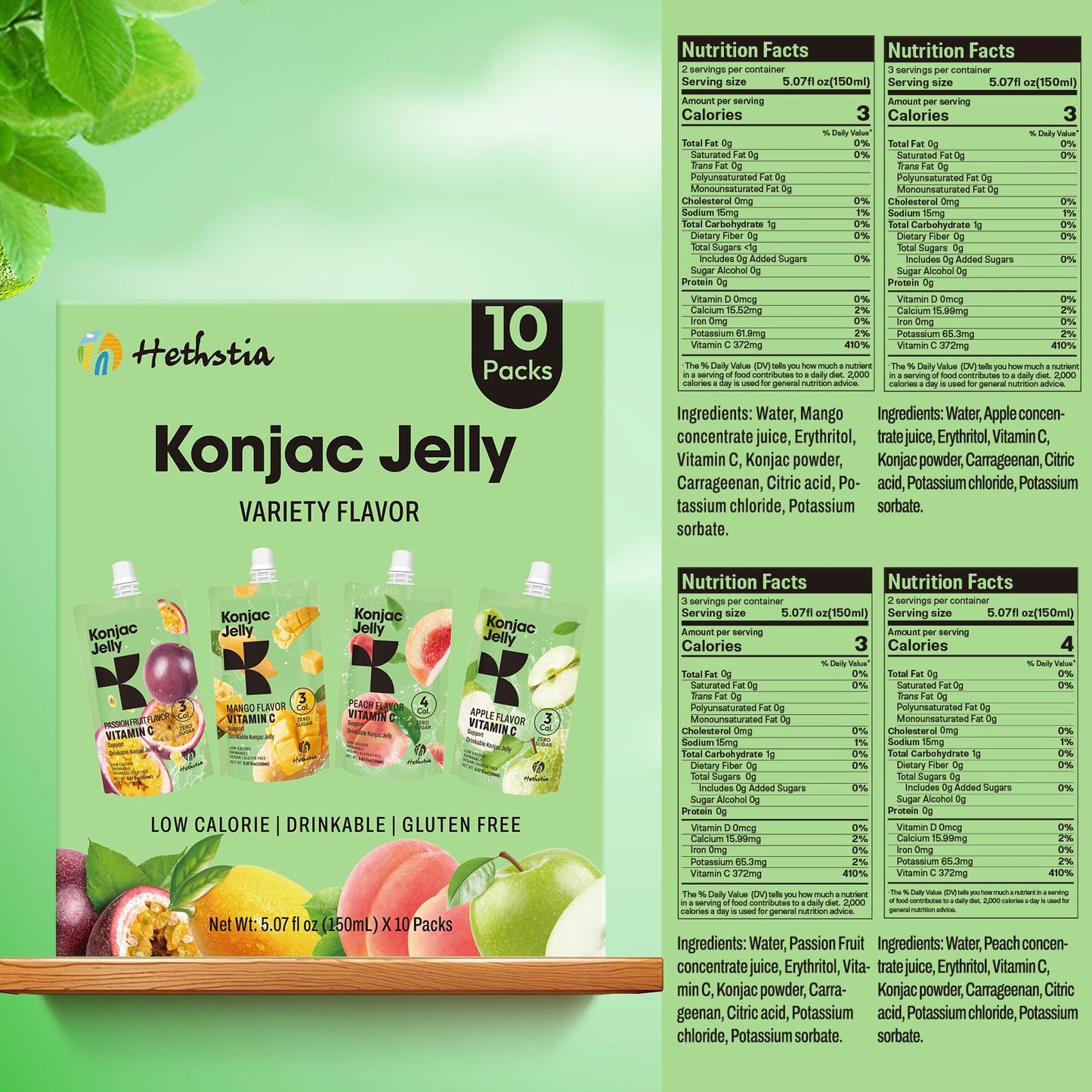 Hethstia Konjac Jelly, 10 Pack - Peach, Mango, Passion Fruit, Green Apple - Vegan, Sugar-Free, Low Calorie, Keto, Gluten-Free, V
