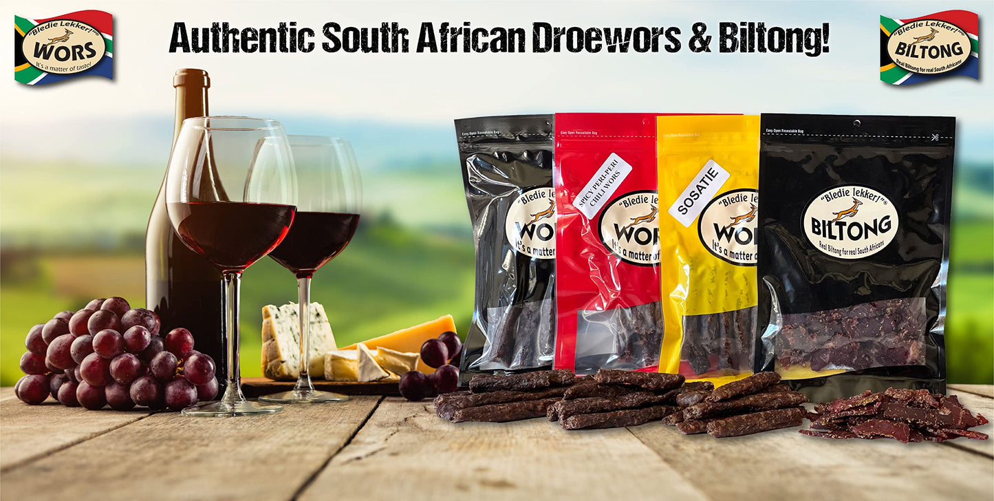 Bledie Lekker 4 Pack Sampler - Biltong, Droewors, Sosatie, Spicy Peri-Peri Chili
