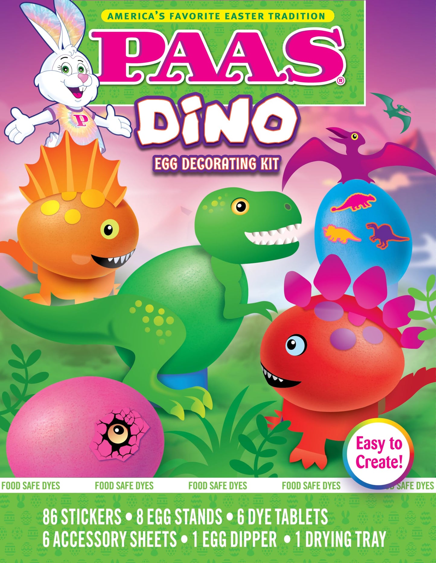 PAAS Dino Egg Decorating Kit with 86 Stickers, 8 Stands, 6 Dye Tablets, 1 Egg Dipper, Model PA20-195