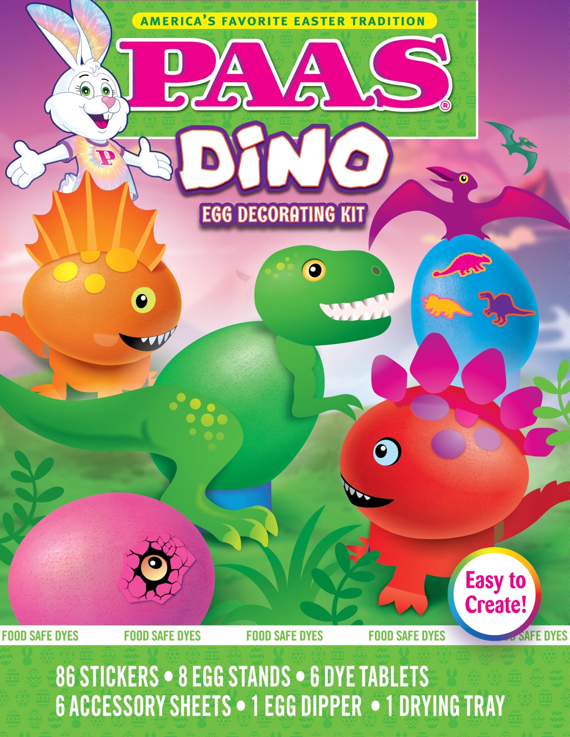 PAAS Dino Egg Decorating Kit with 86 Stickers, 8 Stands, 6 Dye Tablets, 1 Egg Dipper, Model PA20-195