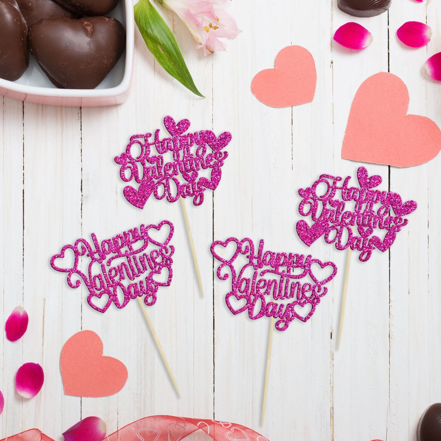 24Pcs Happy Valentine'S Day Cupcake Toppers With Heart Rose Red Glitter Sweet Love Theme Cupcake Picks Valentine'S Day Cake Deco