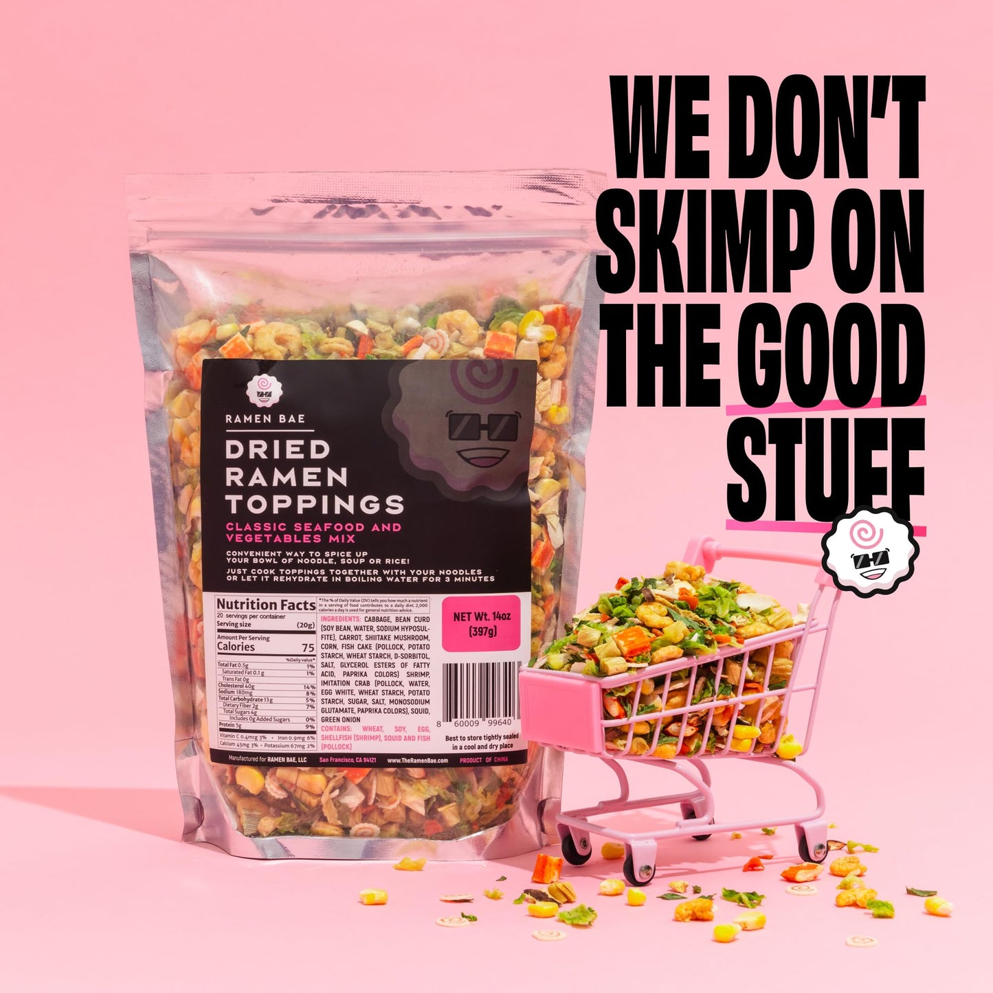 Ramen Bae Dried Ramen Toppings, Classic Seafood and Vegetables Mix, 14oz