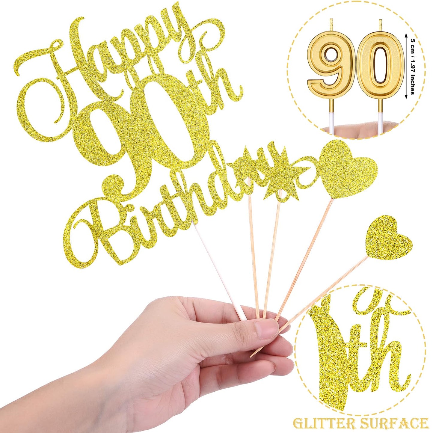 HOGRTi 90th Birthday Cake Decorations Set with Candles, Toppers & Picks, Gold Series
