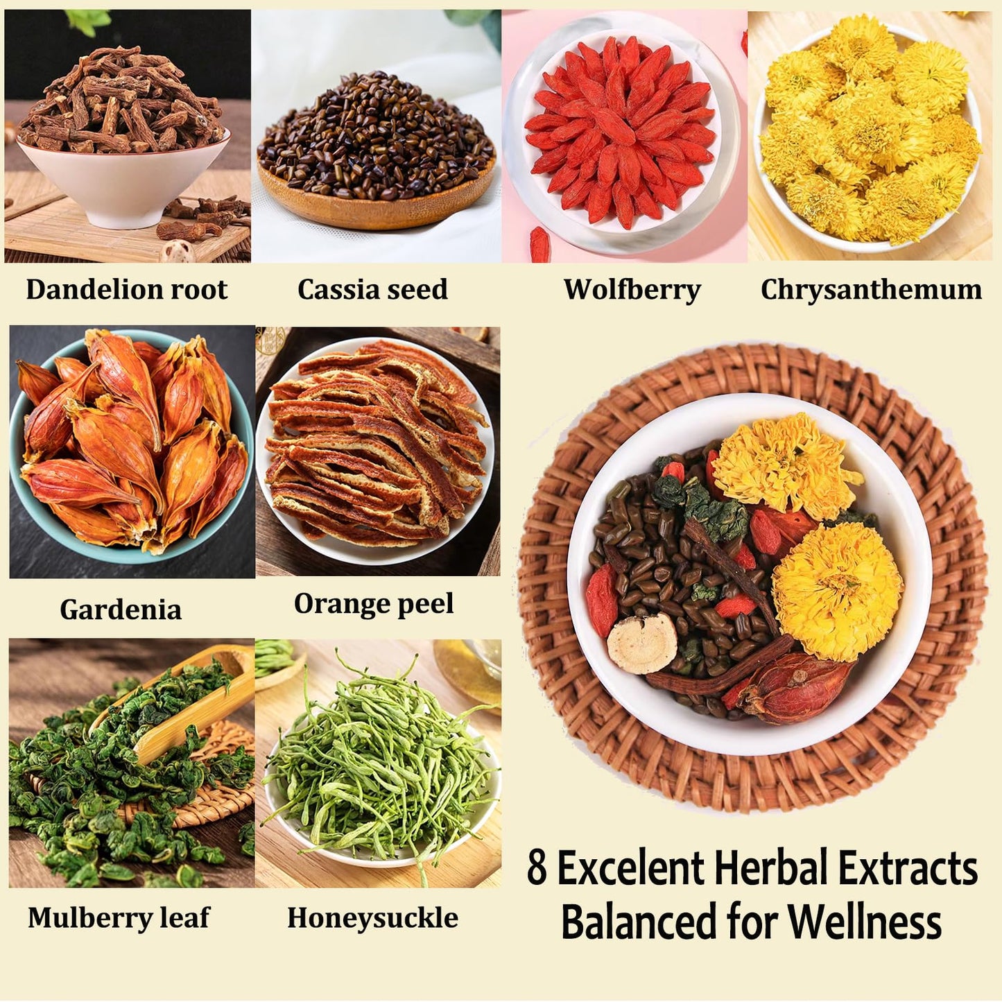 Dandelion Wolfberry Organic Kidney & Liver Health Tea, 8 Herbal Ingredients Blend, Natural Chinese Chrysanthemum Cassia Seed Tea