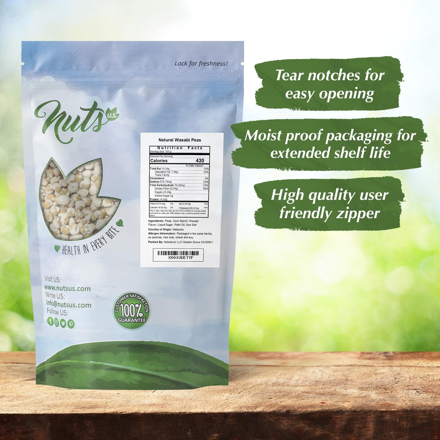 NUTS U.S. Wasabi Coated Green Peas, 100% Natural, Crunchy & Spicy, 2 lbs, Resealable Bag