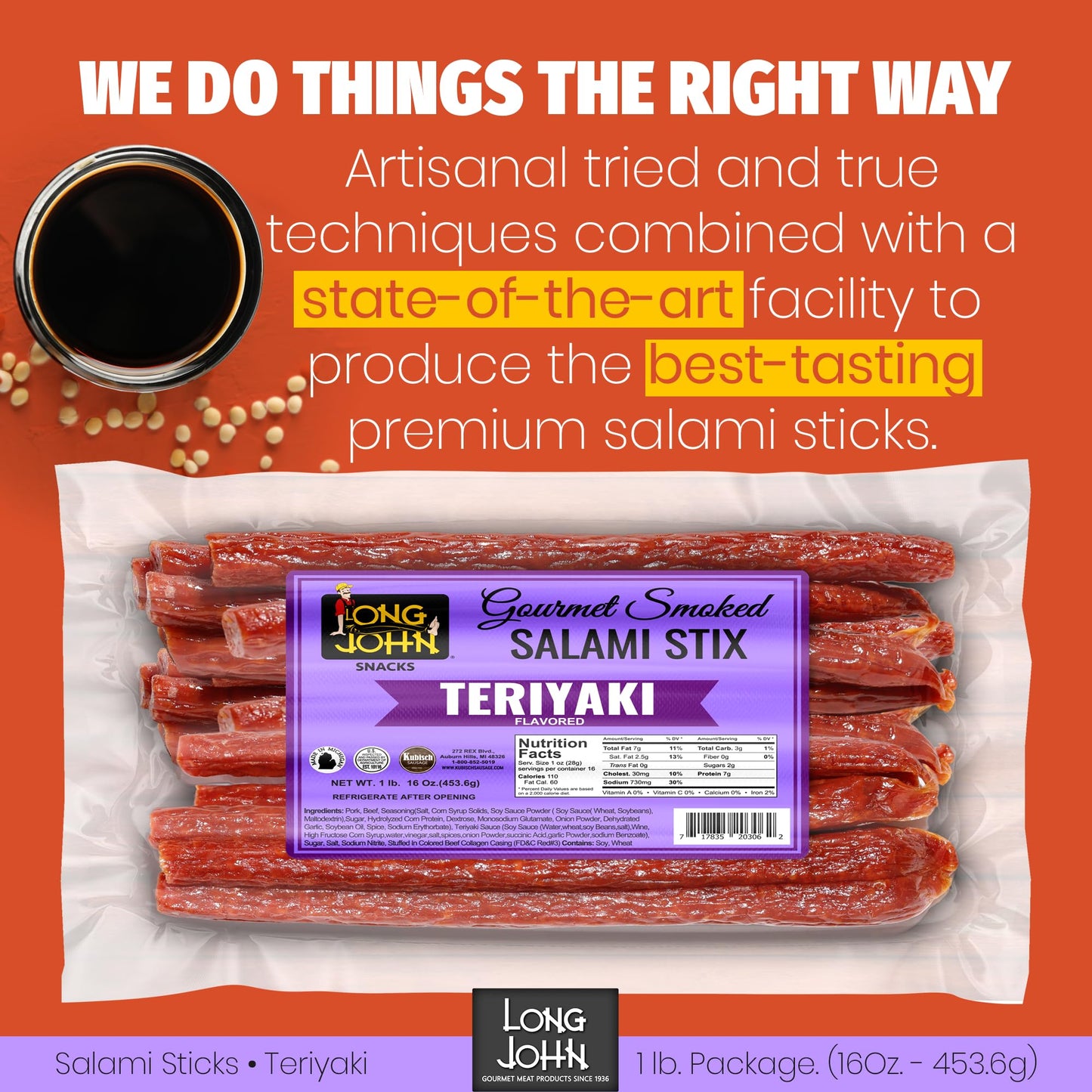 Long John Snacks Dried Salami Sticks - High Protein, Low Carb, Keto - Teriyaki Flavor - 16 Oz Bulk Pack