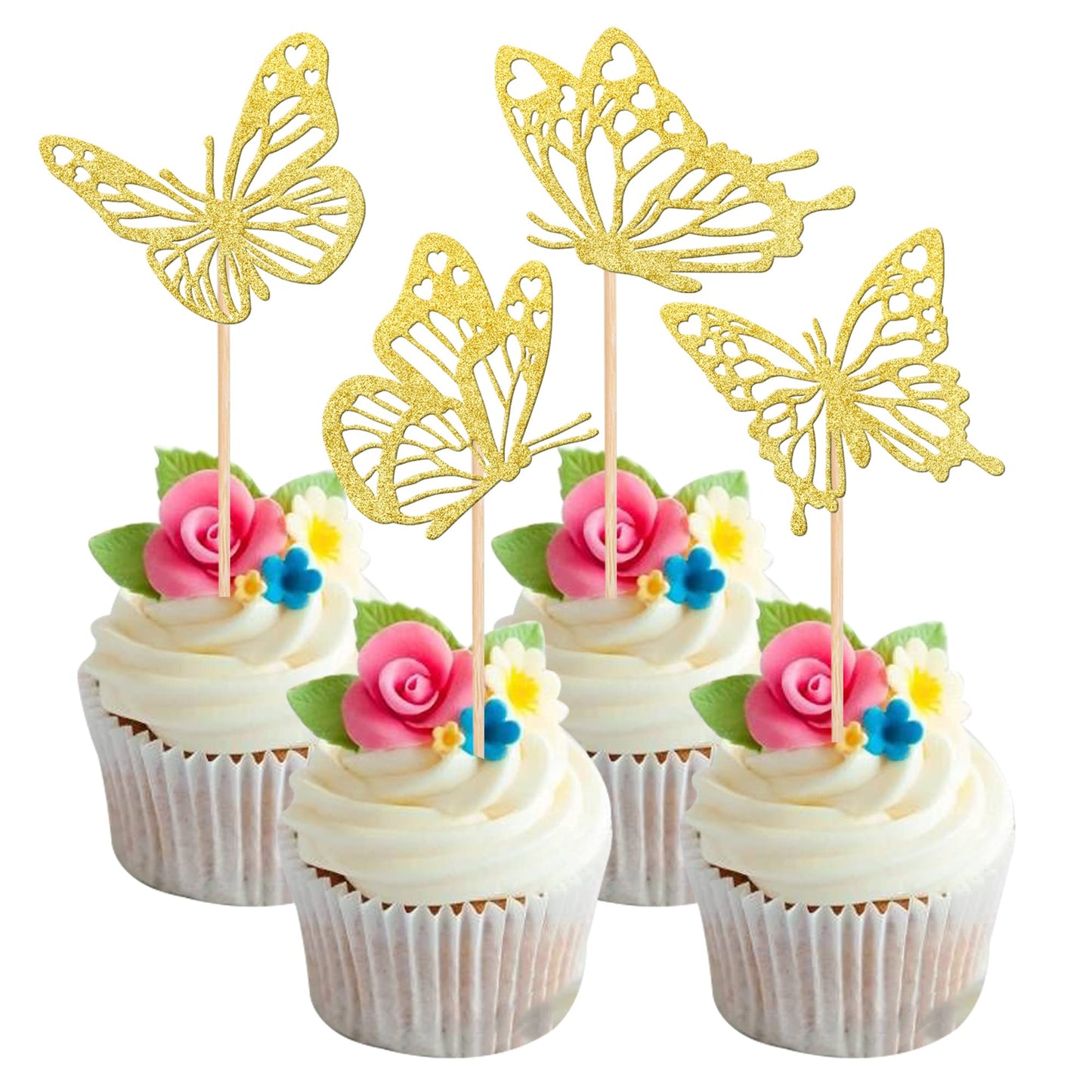 Rsstarxi Butterfly Cupcake Toppers, Gold Glitter, 24 Pack, Assembled for Baby Shower, Wedding, Kids Birthday Party Decorations
