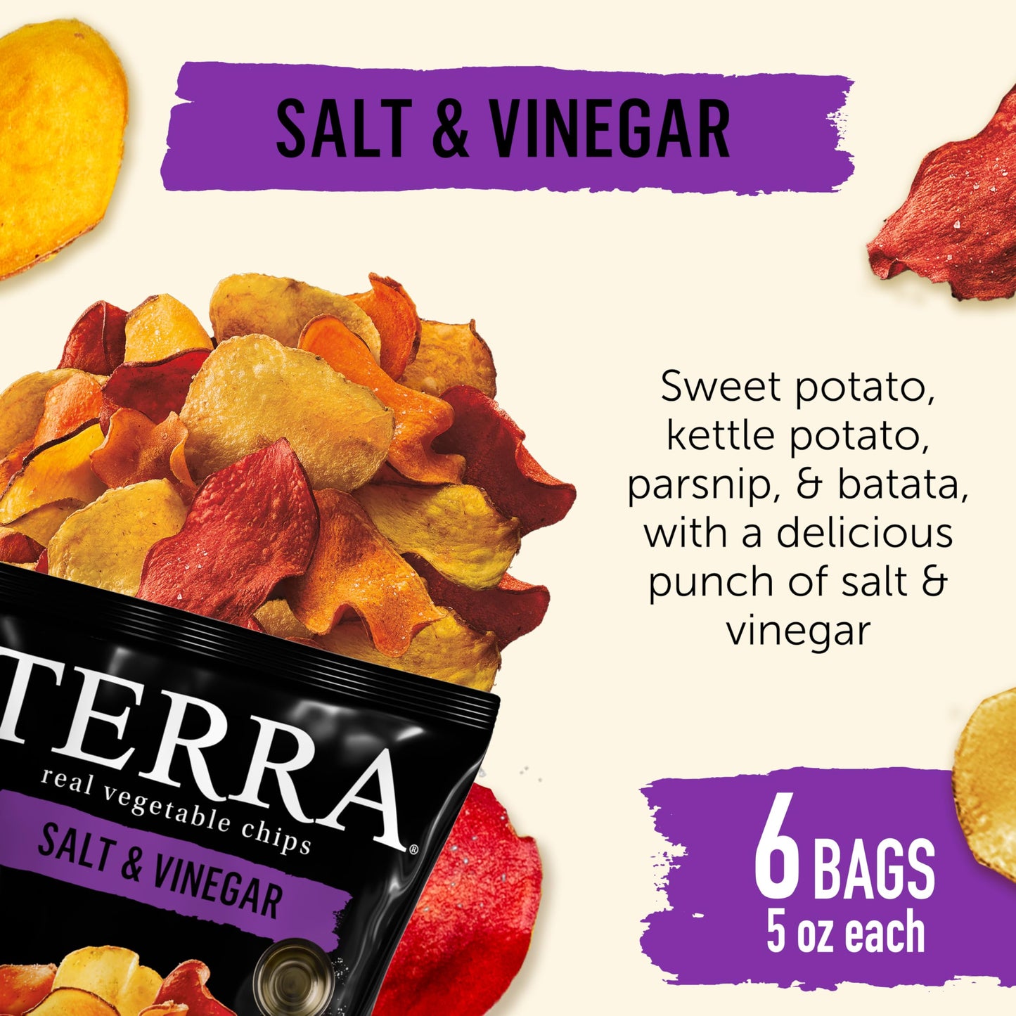 Terra Vegetable Chips, Sea Salt & Vinegar, 5 oz (Pack of 6)