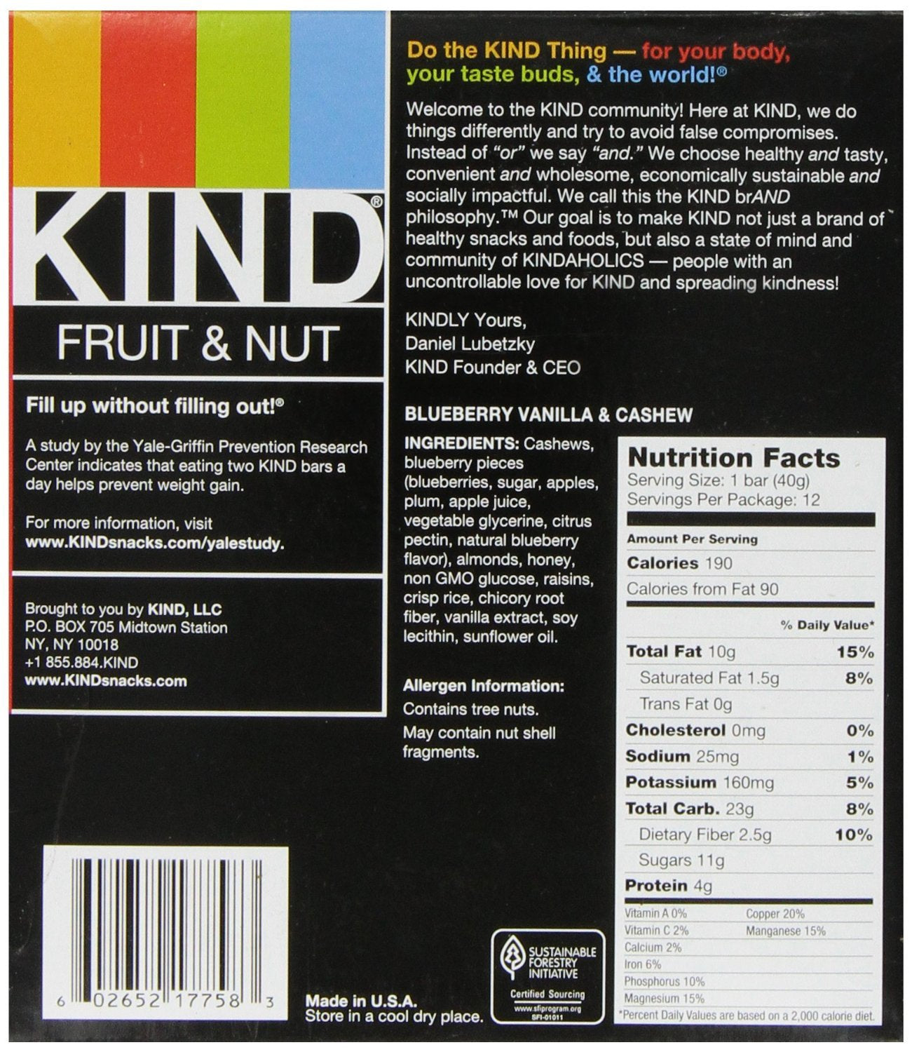 Kind Bars, Blueberry Vanilla Cashew, Healthy Snacks, Gluten Free, 5G Protein, 12 Count