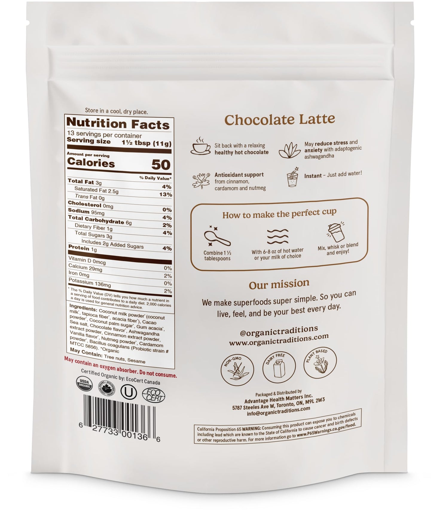 Organic Traditions Superfood Chocolate Latte – Creamy Coconut Milk Base - Dual Extract Ashwagandha – Easy To Mix - Sweetened With Coconut Palm Sugar – 1 Billion Probiotics Per Serving - 150G/ 5.3Oz Bag
