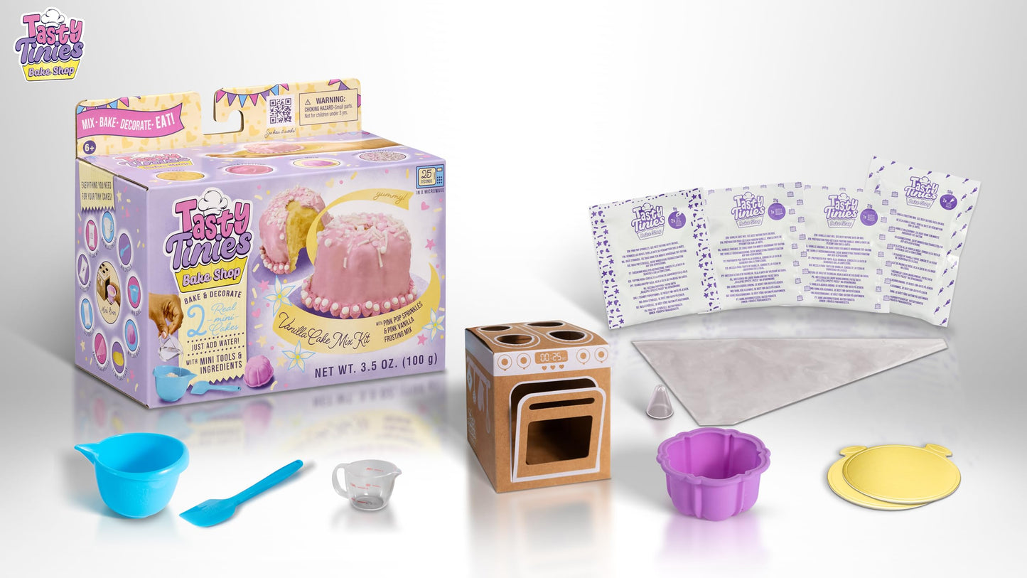 Goliath Tasty Tinies Bake Shop Vanilla Cake Mix Kit with Pink Pop Sprinkles & Pink Vanilla Frosting | Bake & Decorate 2 Real Min