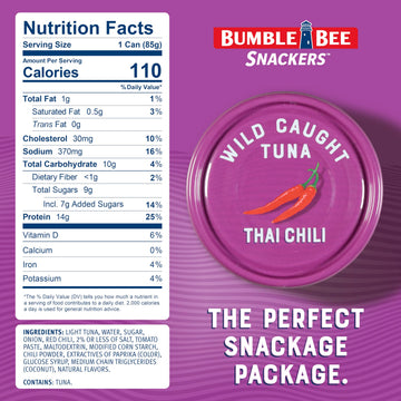 Bumble Bee Snackers - Thai Chili Tuna, 3 oz Easy Open Can - 14g Protein per Serving - Wild Caught Skipjack Chunk Light Tuna Pack