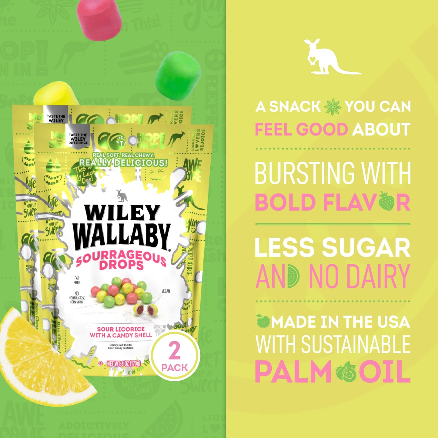 Wiley Wallaby 6 Ounce Sourrageous Drops Mix Of Watermelon, Green Apple And Lemon Soft & Chewy Licorice With A Candy Shell, 2 Pac