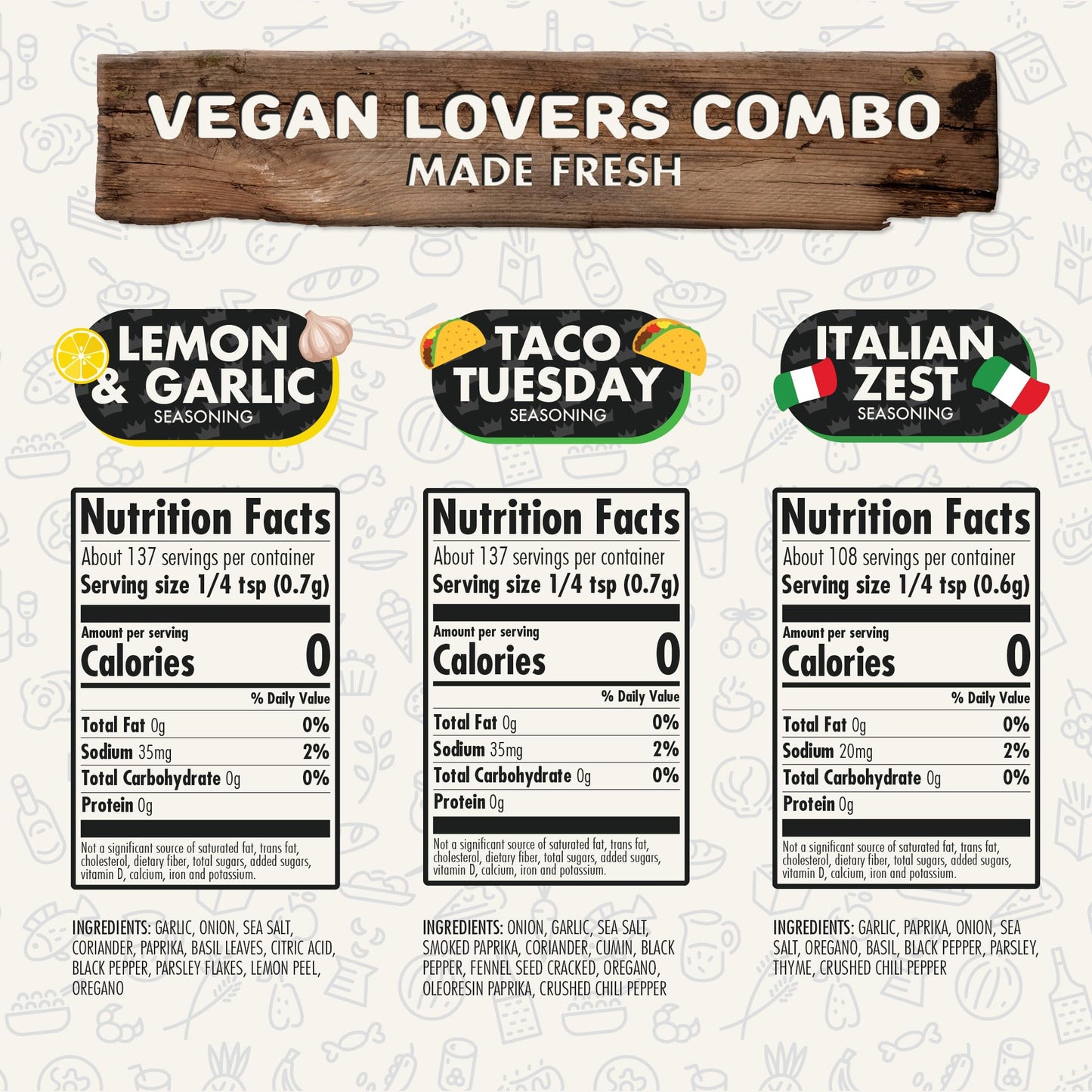 Flavor God Vegan Lovers Combo Pack - Herbs, Spices & Seasoning Gift Set, Includes Italian Zest, Taco Tuesday, Lemon & Garlic - Pack of 3