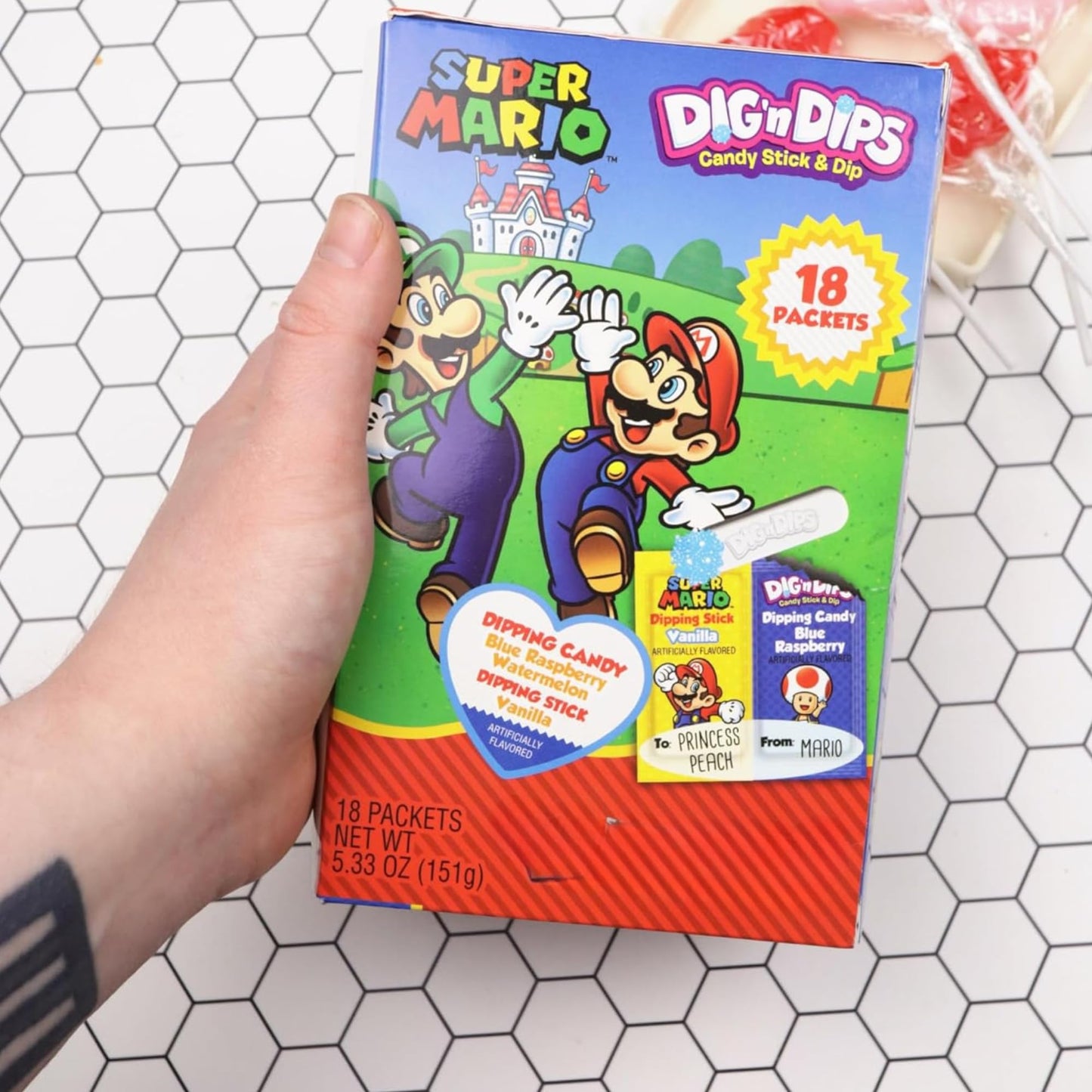 Super Mario Dig N Dips Box, Birthday Party Favor Kit With To/From Sections, 18 Count