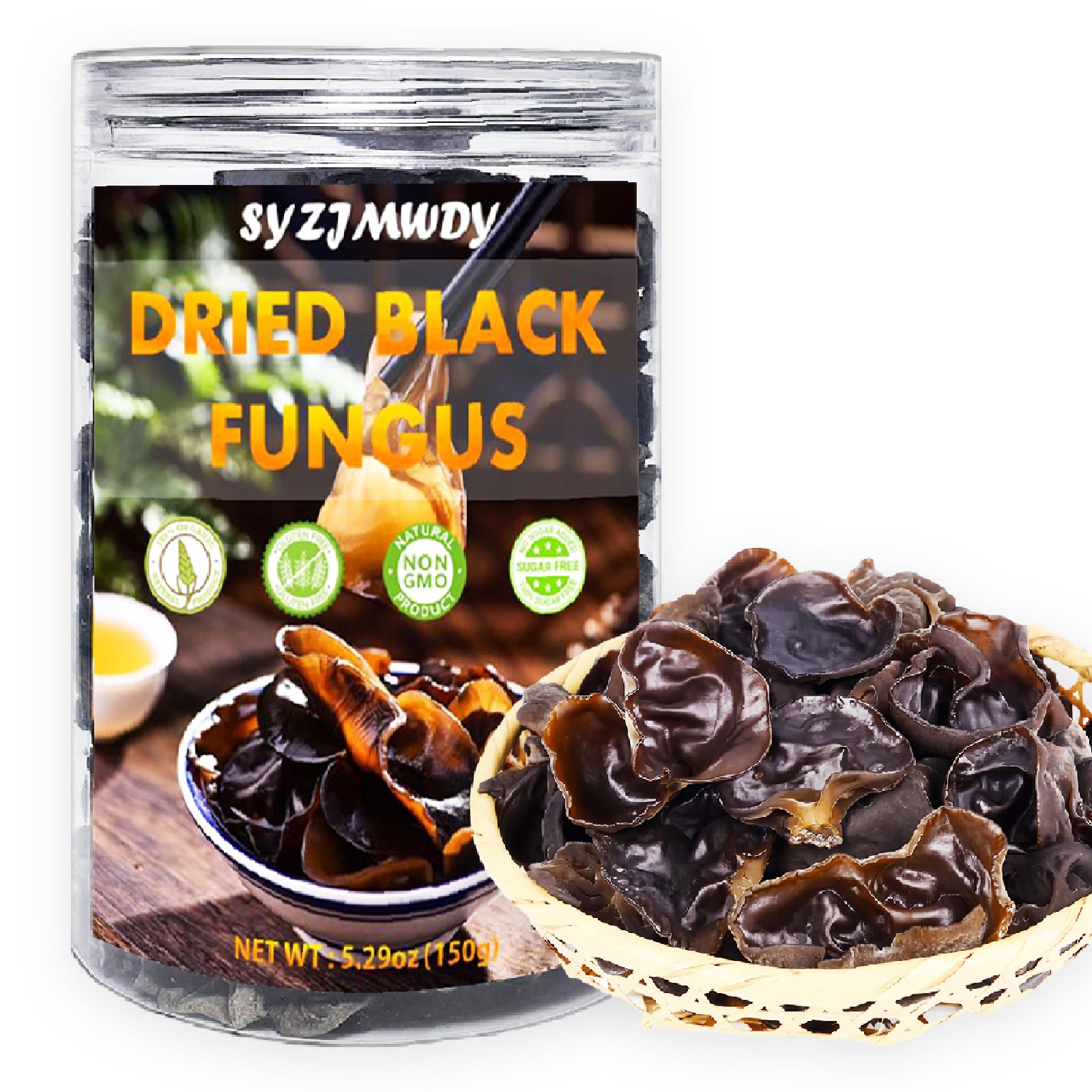 SYZJMWDY Dried Black Fungus Wood Ear Mushrooms, Gluten-Free, 150g/5.29oz, Chewy Texture for Soups, Stir-Fries, and Salads