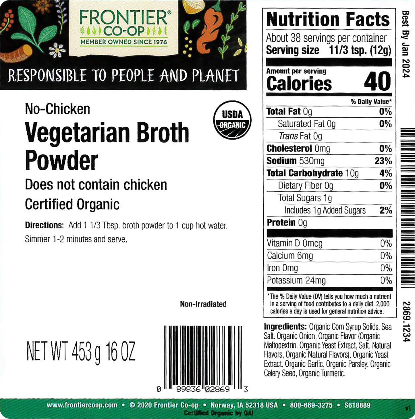 Frontier Co-Op Vegetarian Broth Powder, 1-Pound Bulk Bag, Broth, Soup Base, Gravy, Hot Drink, Kosher