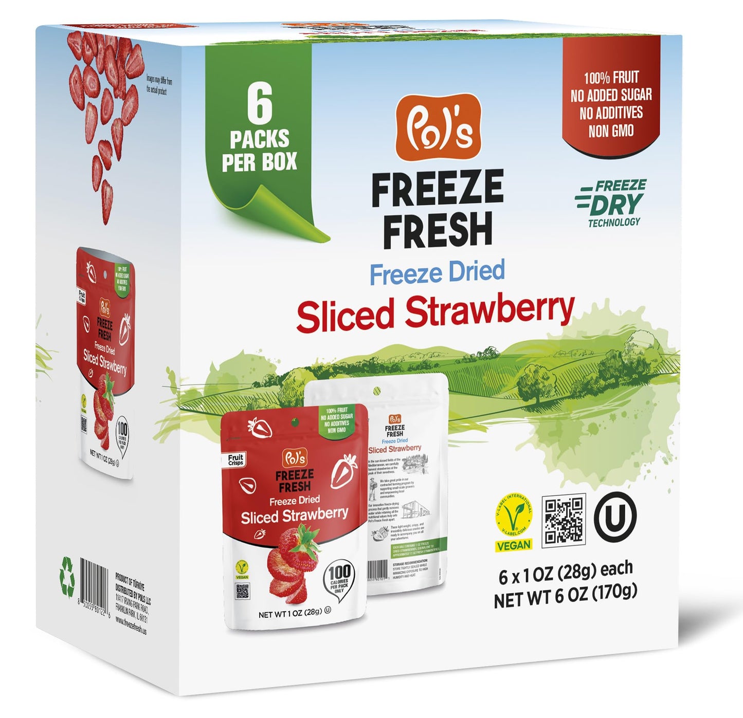 Pols Freeze Fresh - 6 Pack Sliced Freeze-Dried Strawberries (1 Oz Each) - No Added Sugar, Non-GMO, Vegan, Gluten-Free Single-Ser