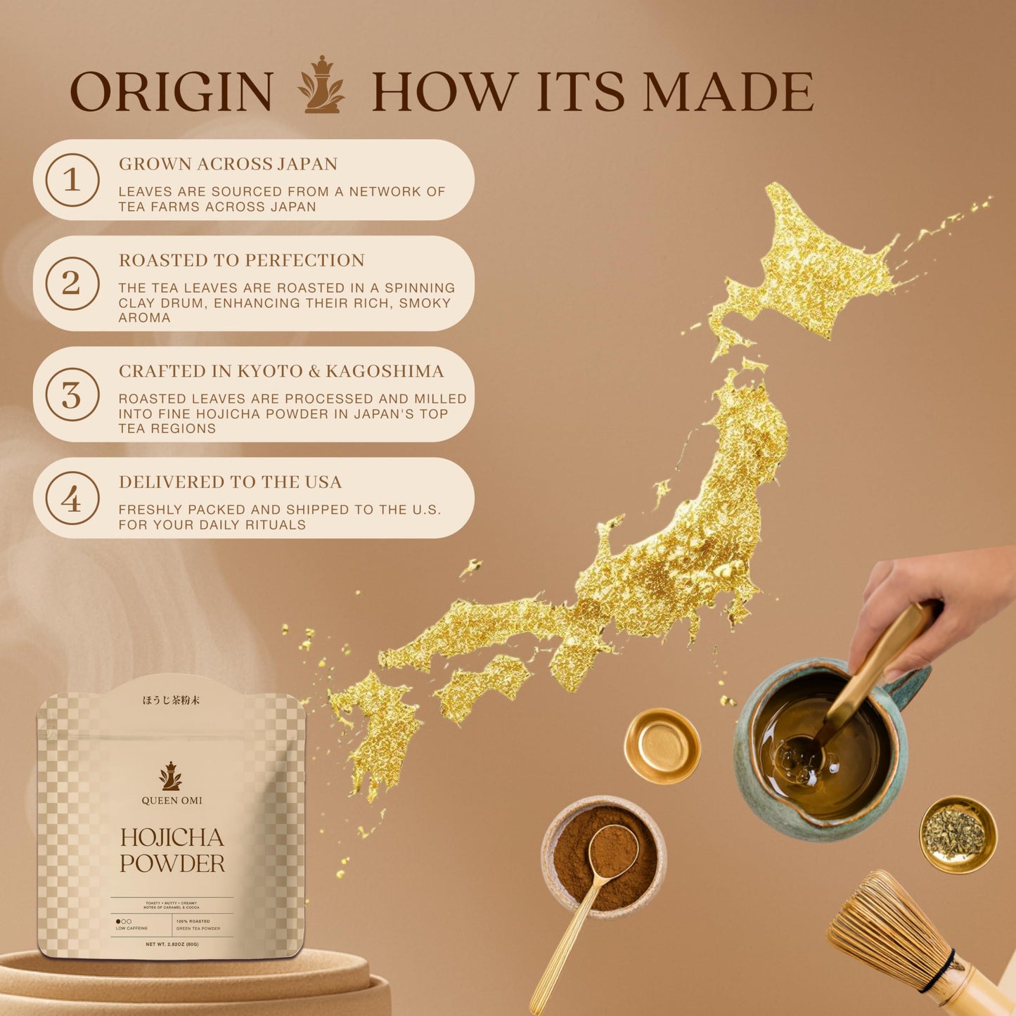 Queen Omi Organic Hojicha Powder | 100% Organic Japanese Roasted Green Tea Powder-Matcha & Coffee Alternative | Low Caffeine  Antioxidant-Rich  Smooth  Toasty  Nutty Flavor | 80g