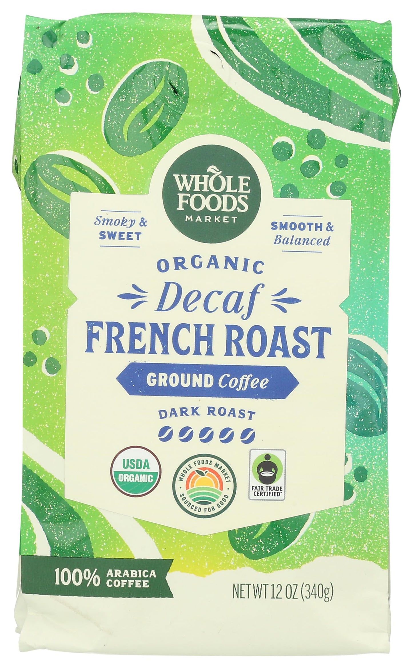 Whole Foods Market, Organic Decaf Ground Coffee, Dark French Roast, Smoky & Sweet, Smooth & Balanced, 12 Ounce